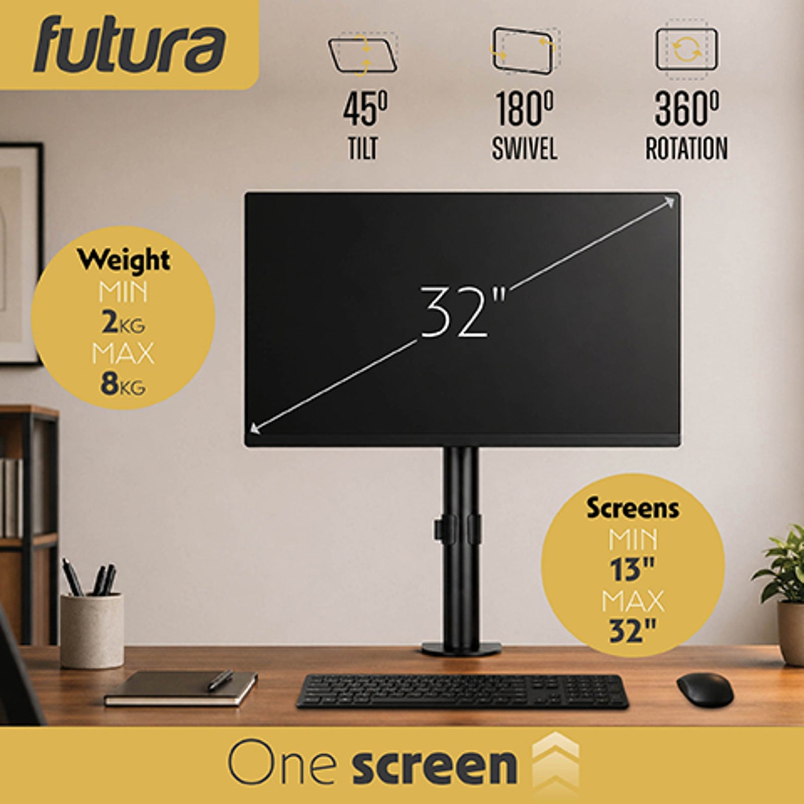 Futura Futura Single Monitor Stand 13 To 32 Inch Height Adjustable Clamp Mount Supports 8kg