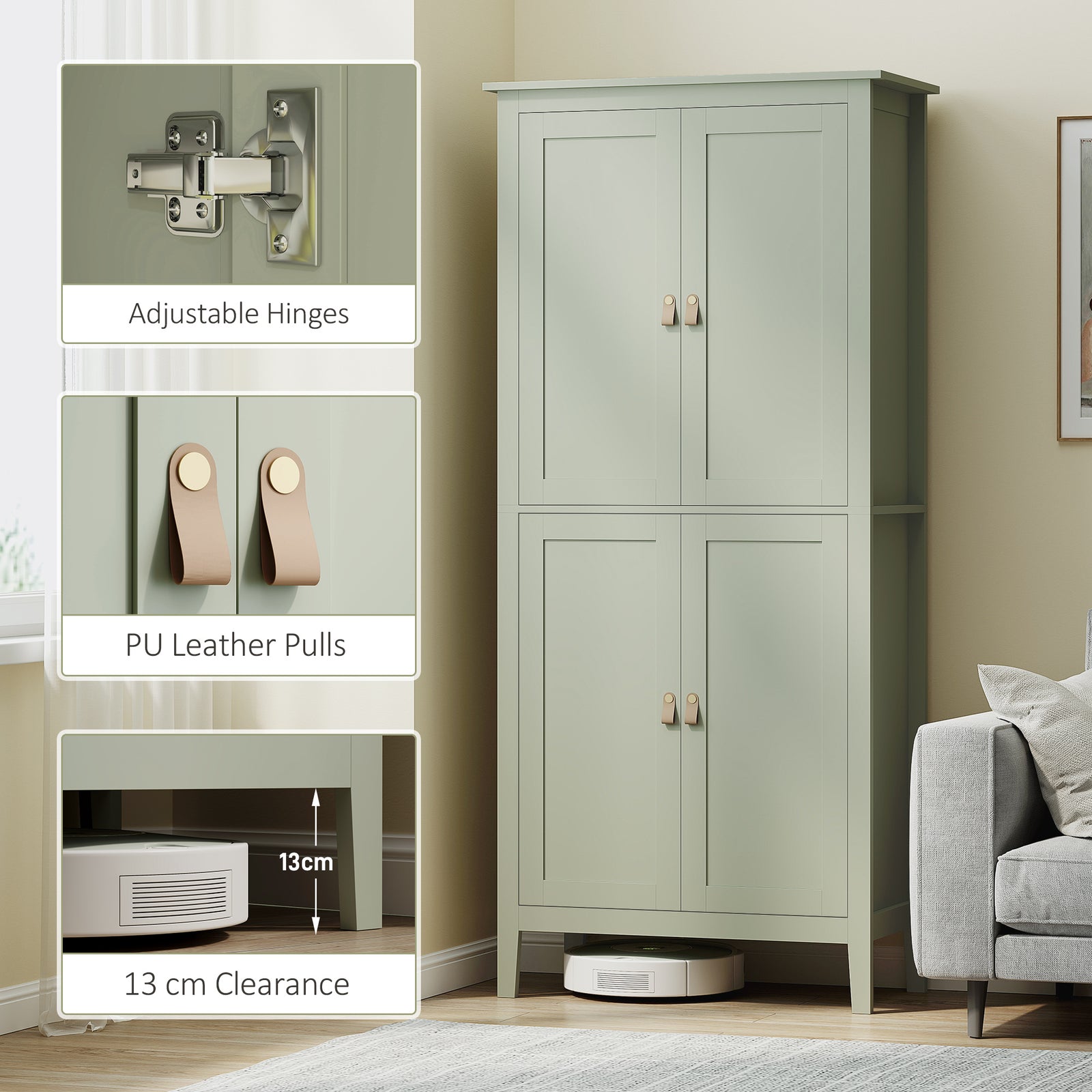 176.5 Cm Tall Freestanding Pantry Storage Cabinet With 4 Doors | Green