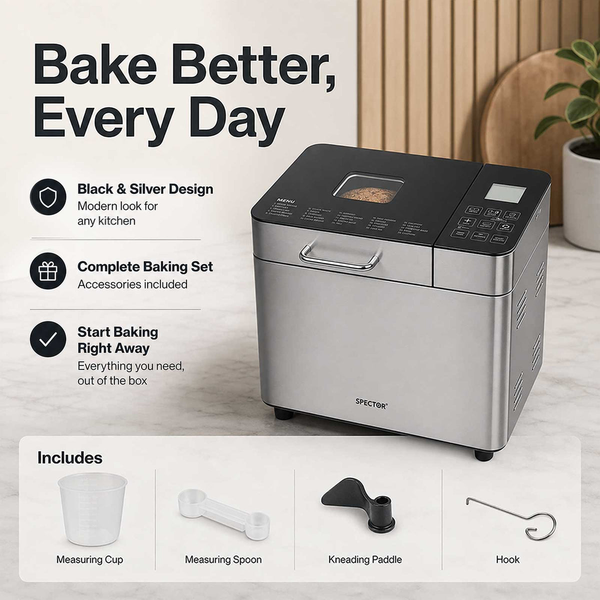 Spector Bread Maker 25 In 1 15h Timer 3 Loaf Sizes With Lcd For Home Baking