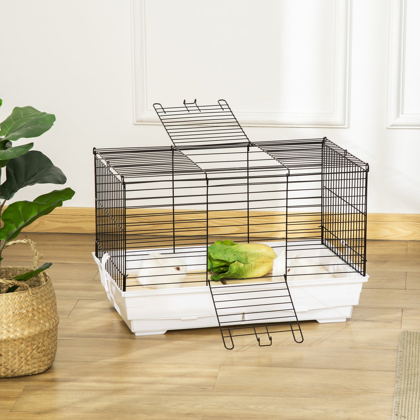 PawHut Small Pet Cage, Indoor Rabbit Guinea Pig House W/ Wood Floor, Trays