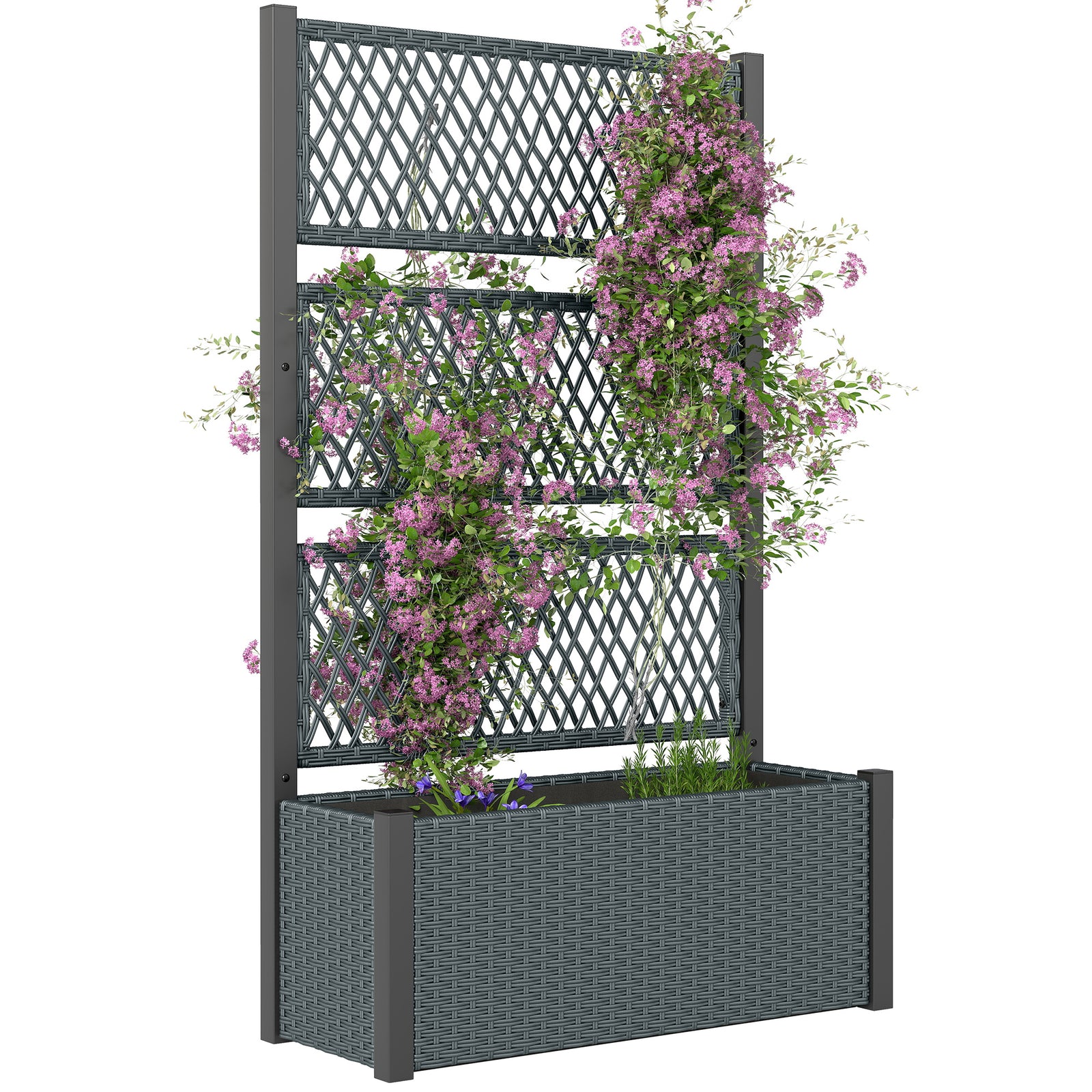 Garden Planter Box With Trellis, Rattan Raised Bed | Charcoal Grey