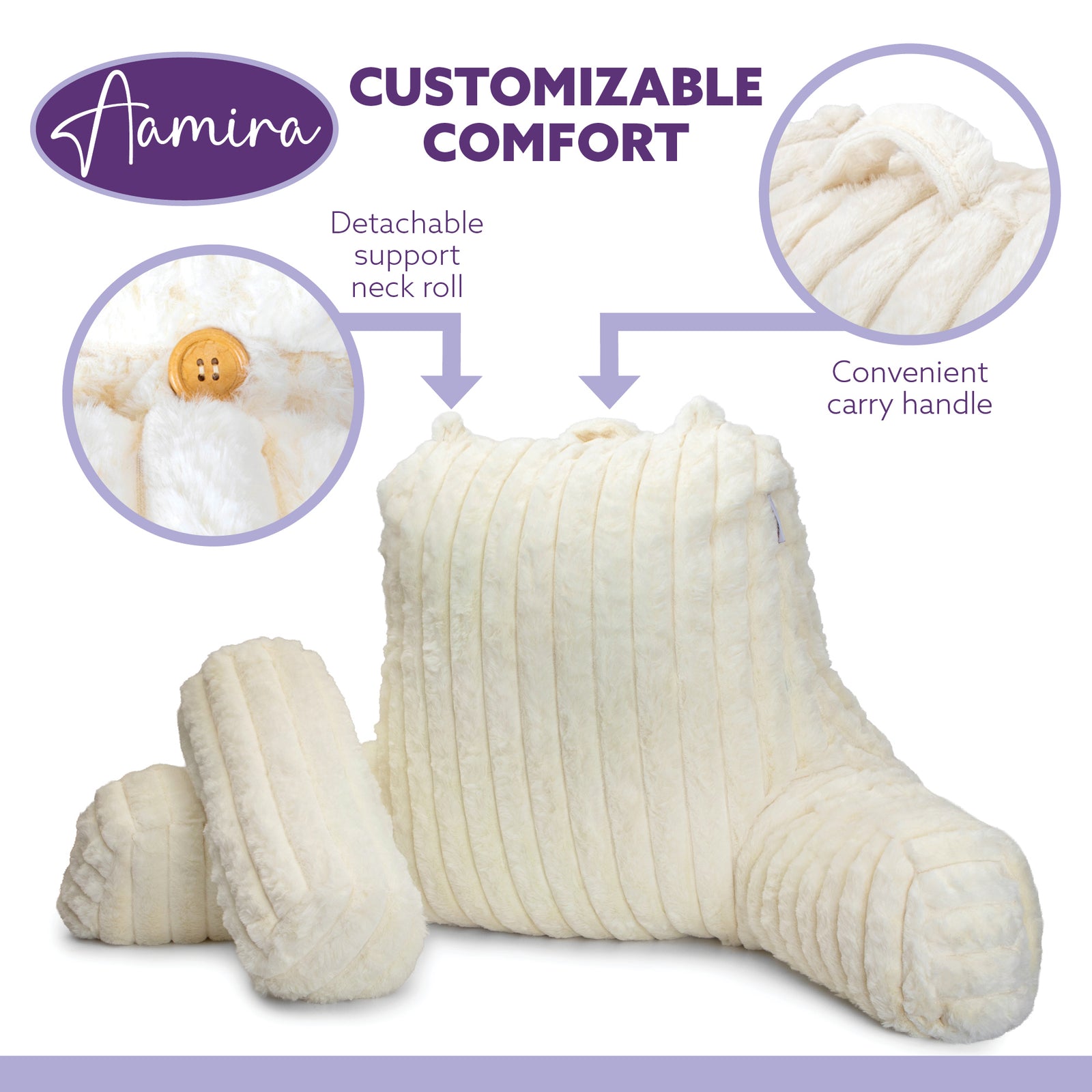 Luxurious Xl Reading Pillow Detachable Headrest, Soft Ribbed Faux Fur, Memory Foam Cuddle Cuddle Cushion Backrest | XL | Cream