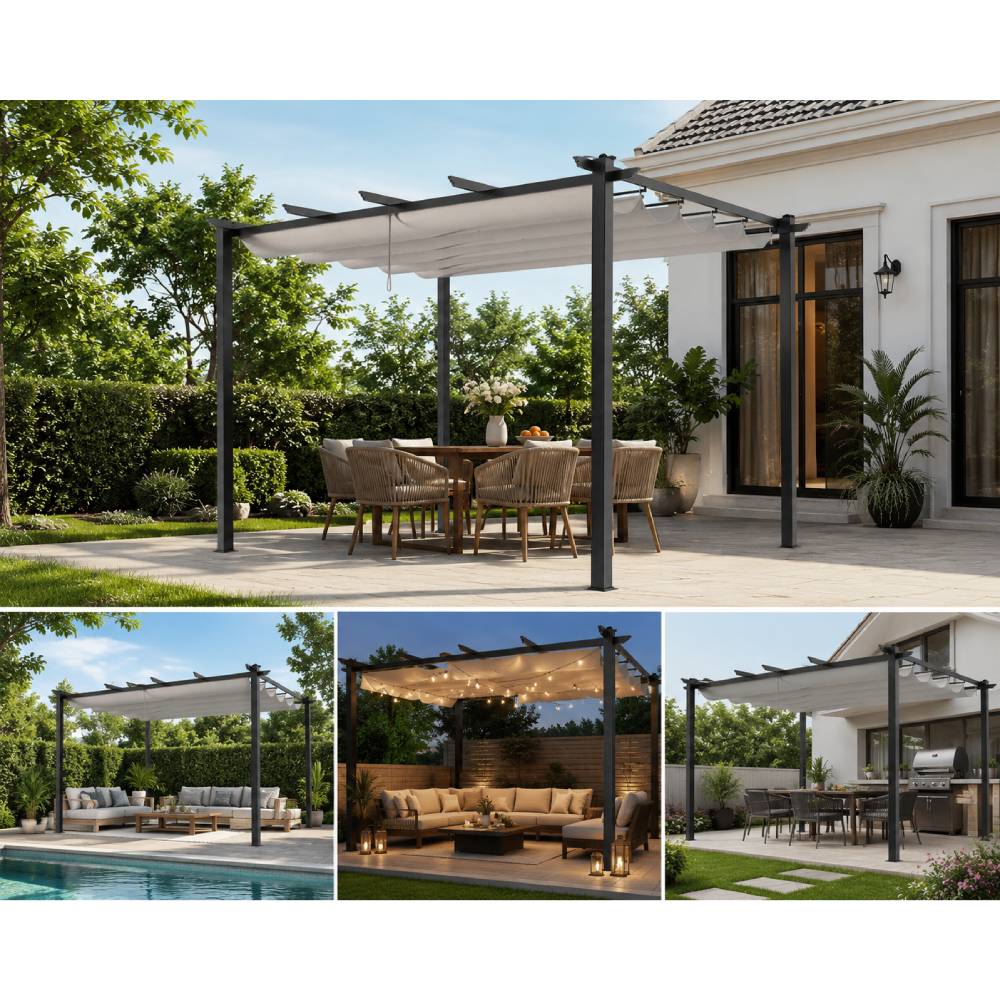 3m X 4m Aluminium Outdoor Retractable Pergola,with Pu-coated Polyester，flat Roof Sunshade Canopy For Patio Or Garden