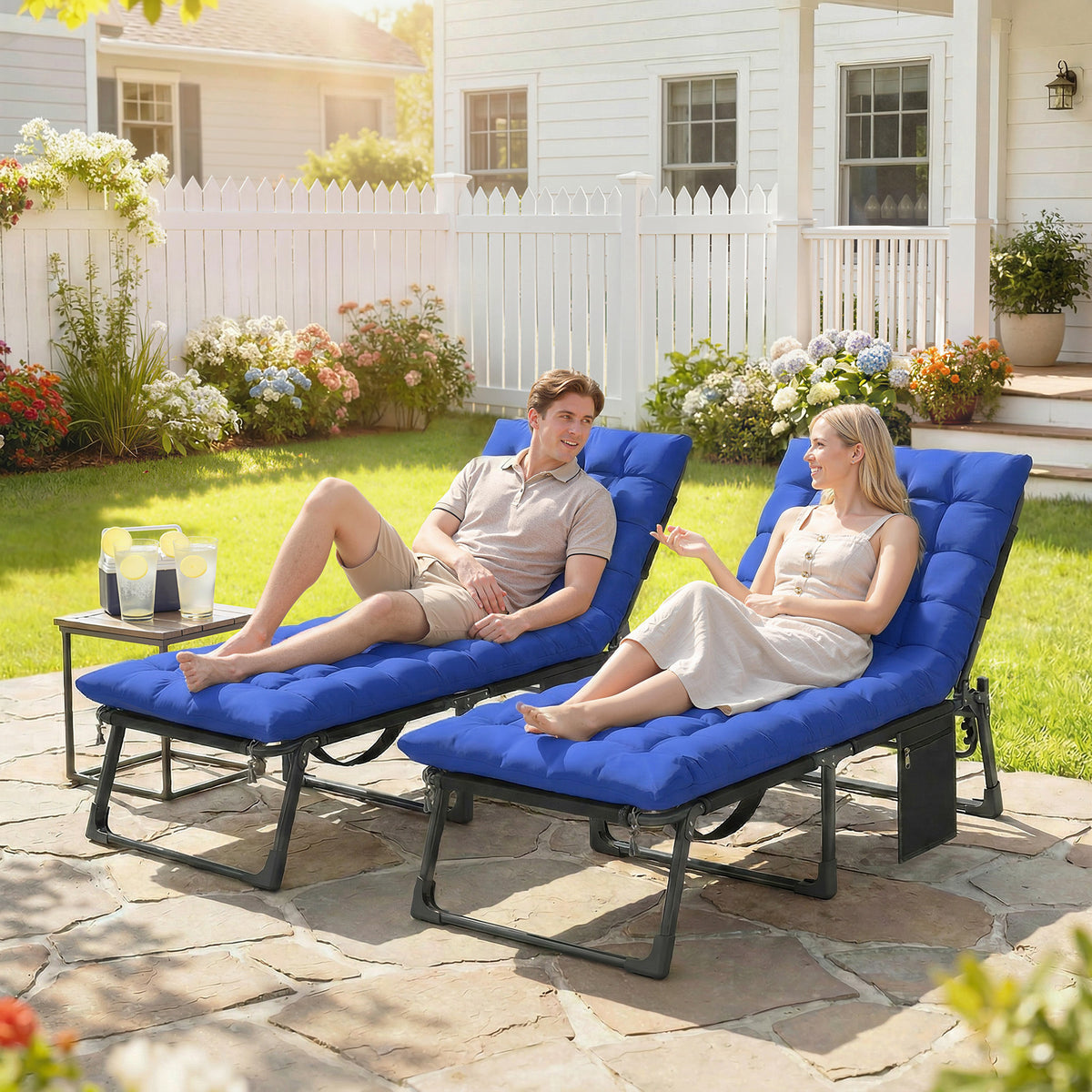 Folding Sun Lounger, Oversized Camping Bed | Set of 2 | Blue