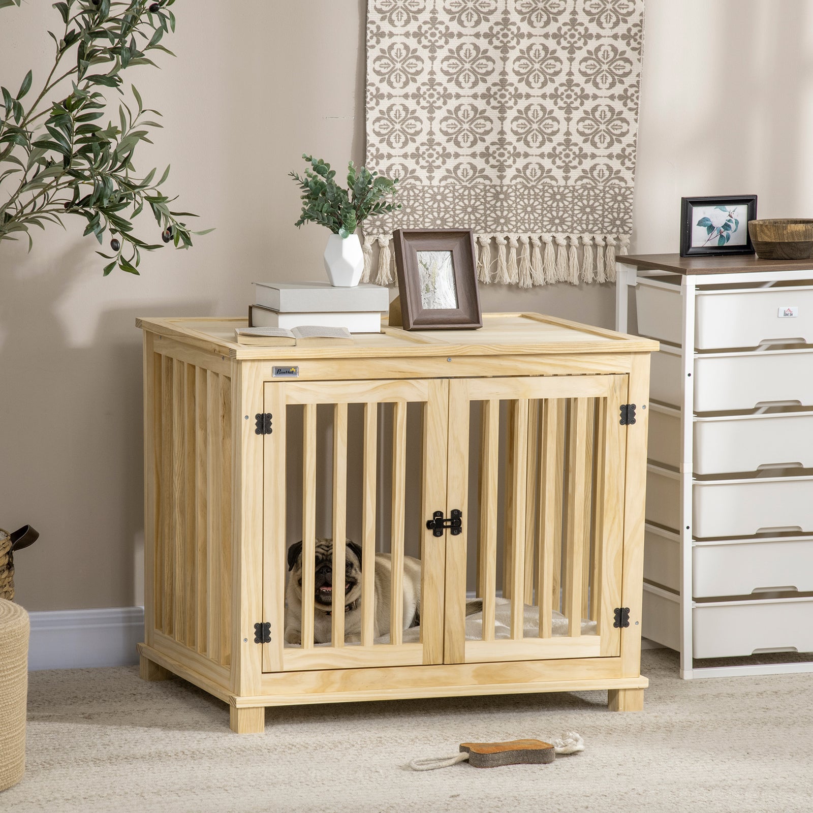 Wooden Dog Crate W/ Double Doors, Soft Cushion