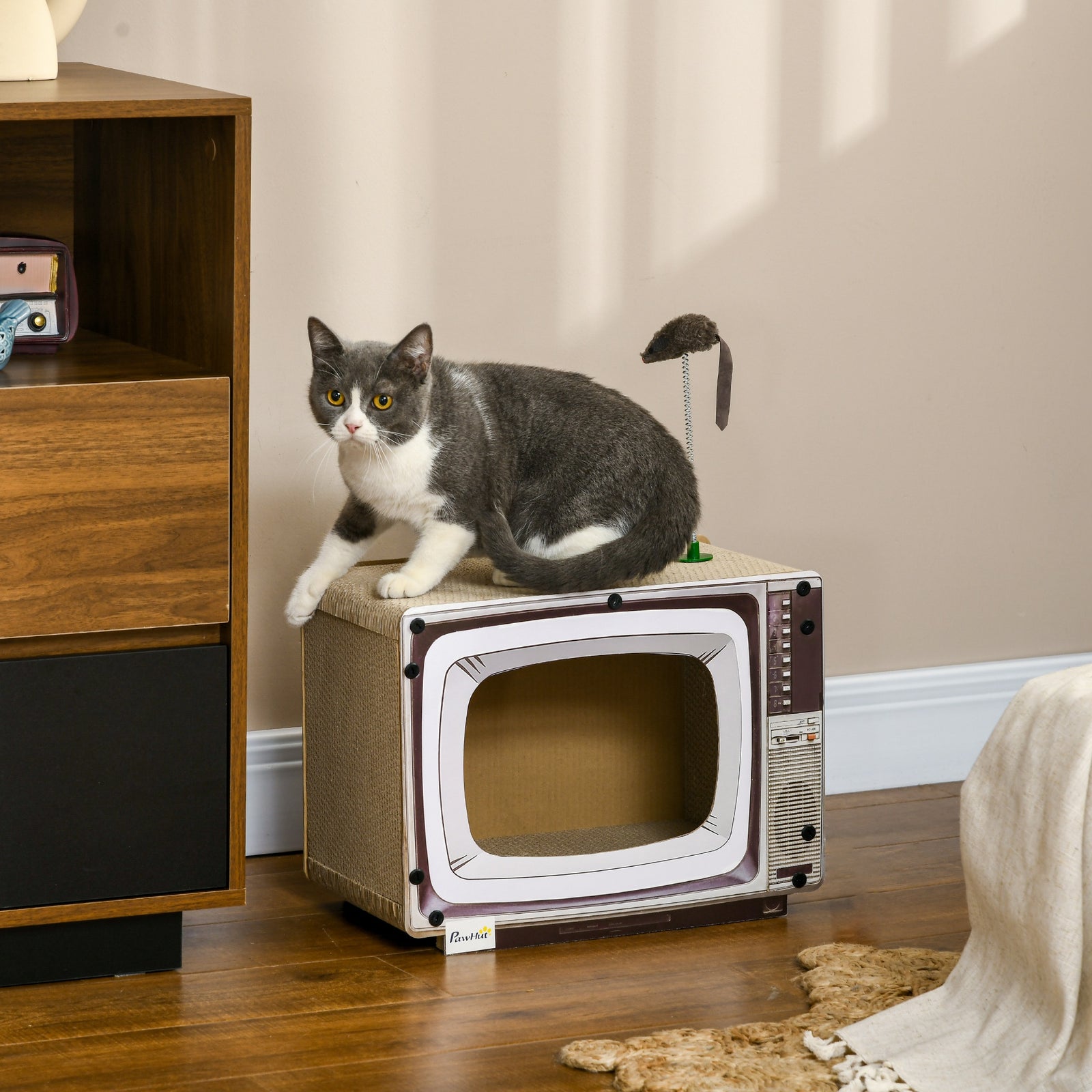 Tv-shaped Cardboard Cat House With Scratcher, Catnip, Toy Rat