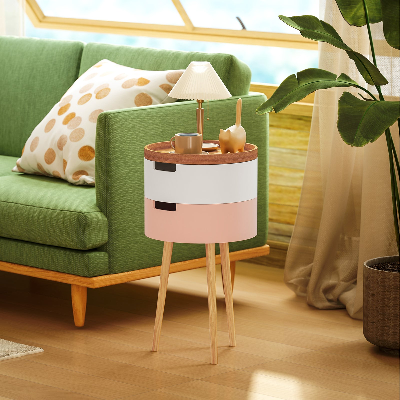 3-tier Round Side Table, Wood Legs, Multicolour