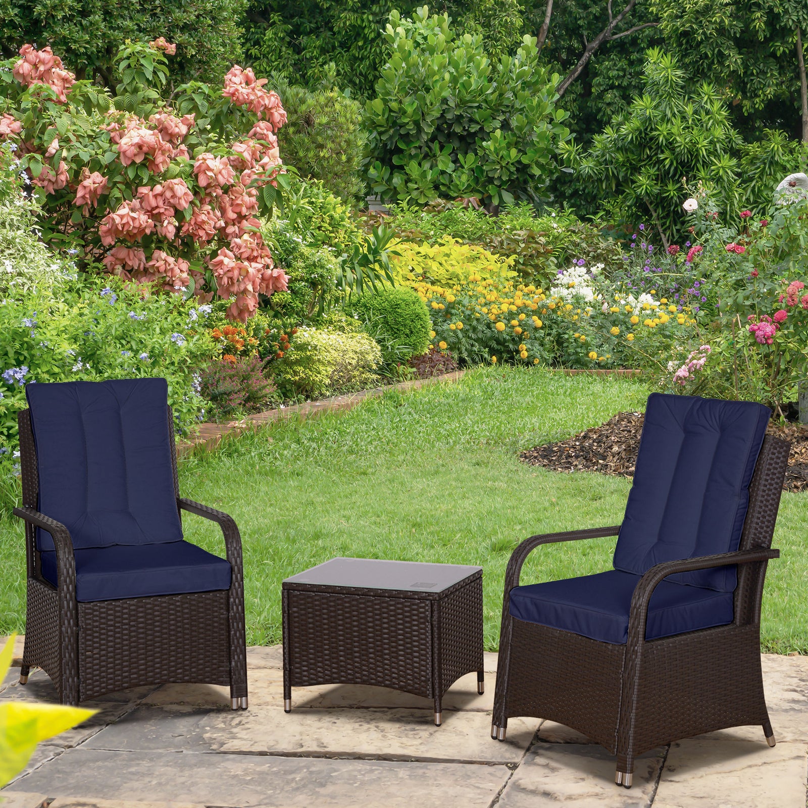 3pc Rattan Table Chair Bistro Garden Furniture Set Wicker | Dark Blue