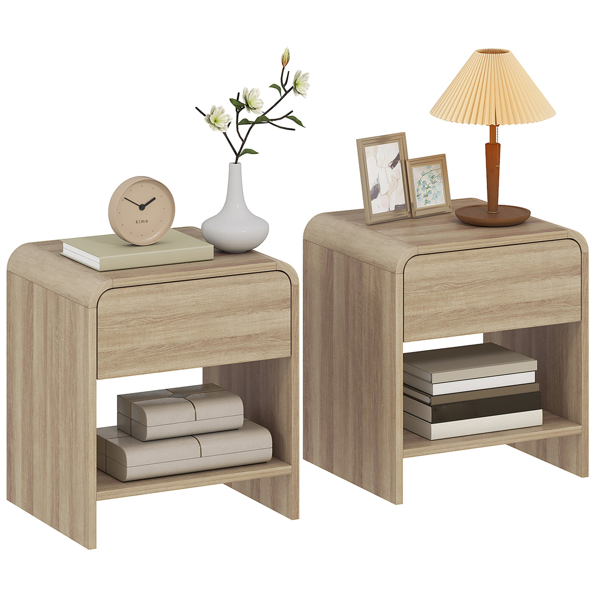 HOMCOM Bedside Tables Set Of 2, Rounded Corner Nightstand Drawer Natural
