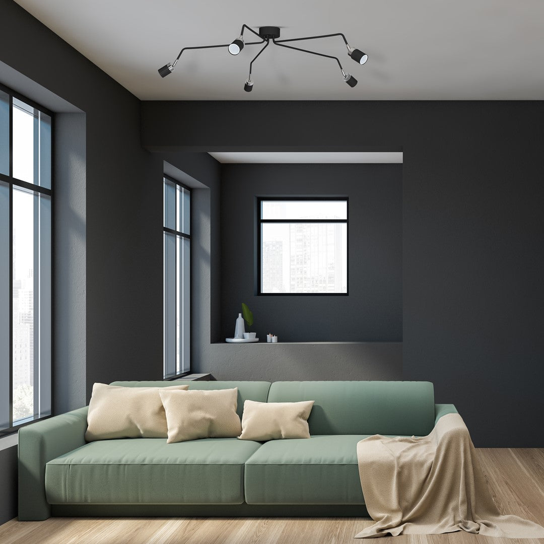 Joker Hand Made Ceiling Lamp In Matt Black With Striking Chrome Detail Featuring 5 Minmalistic Slender Cylinder Shades