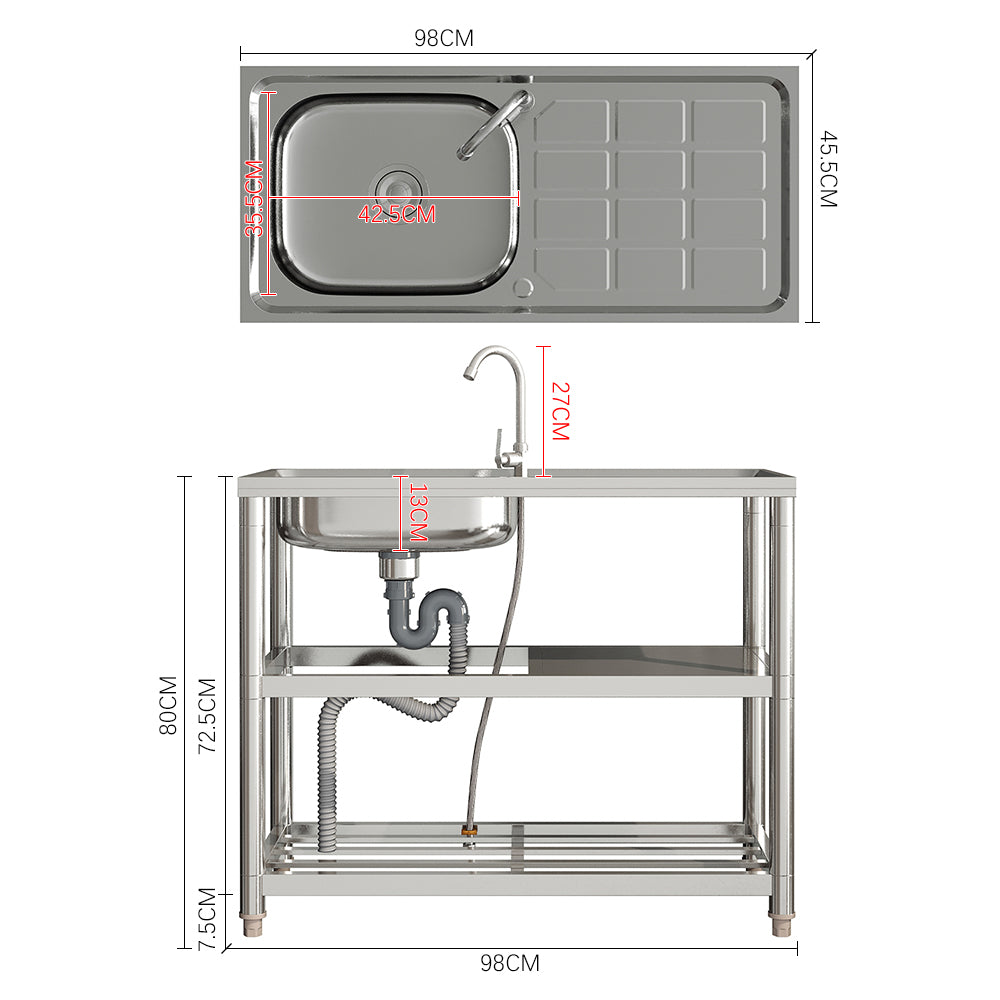98cm W X45.5cm D X 80cm H Bathroomdeco Stainless Steel One Compartment Sink With Shelves And Drainboard