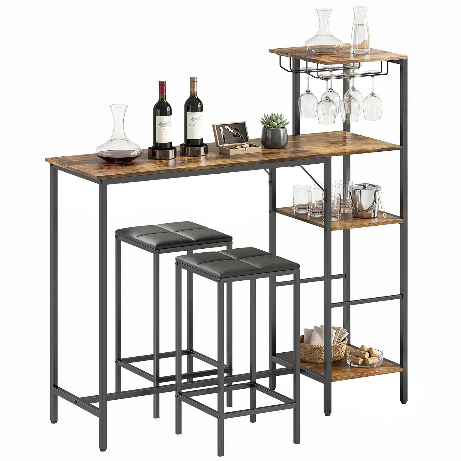 3pcs Breakfast Bar Table And Stools Set 4-tier Shelving | Rustic Brown