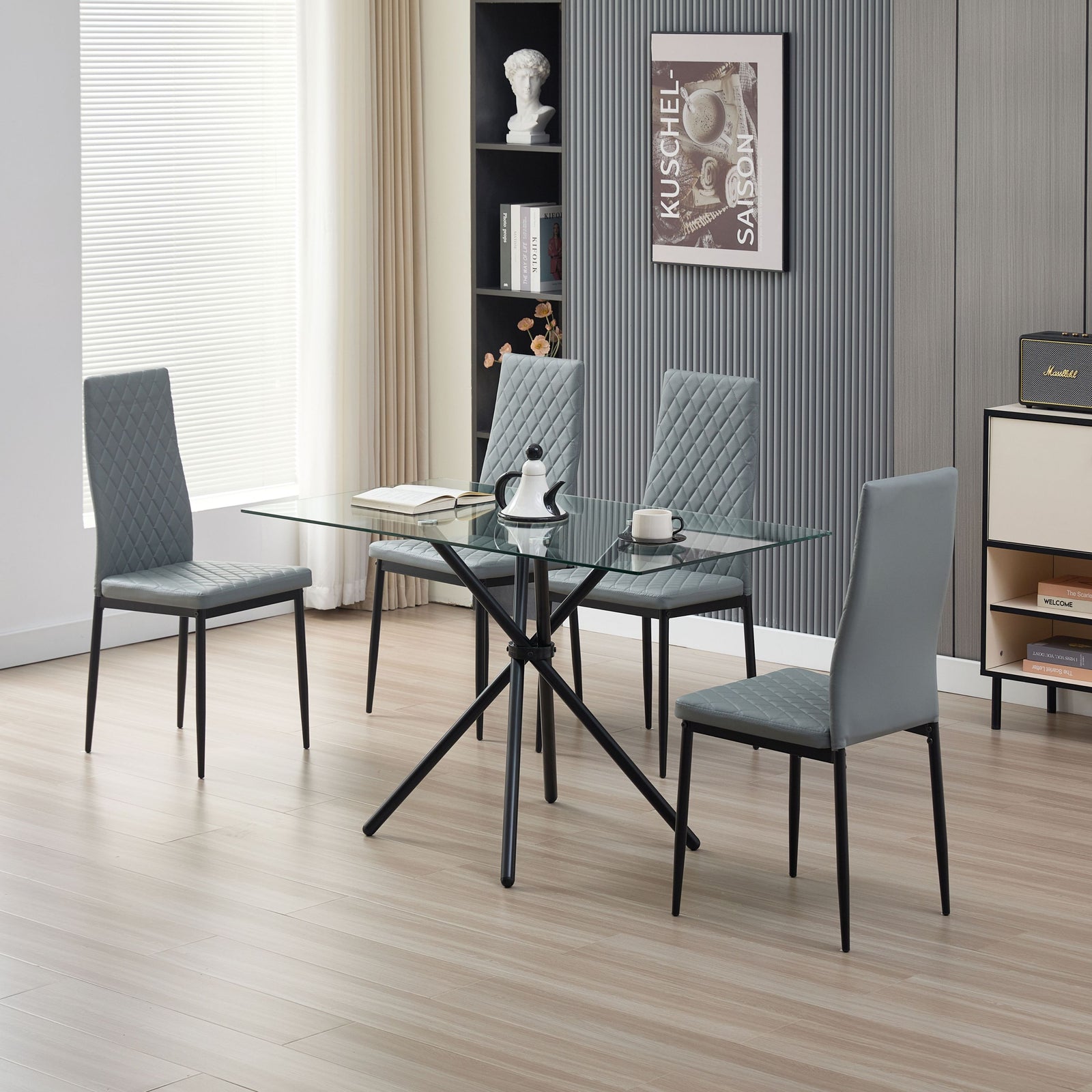 Miami Dining Table With 4 Emily Leather Chairs | Grey