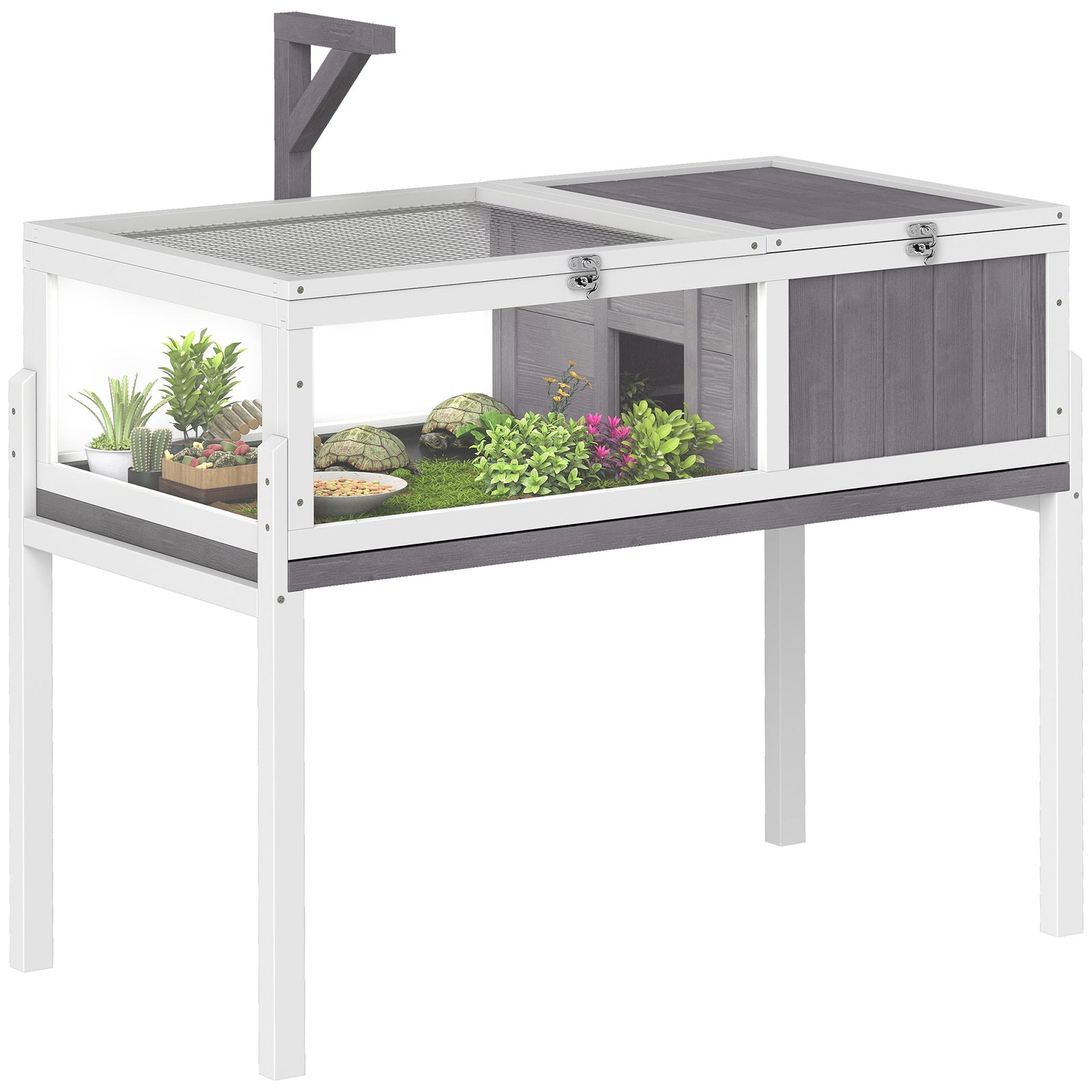 PawHut Wooden Tortoise House With Dual-zone Habitat Stand Legs, Grey