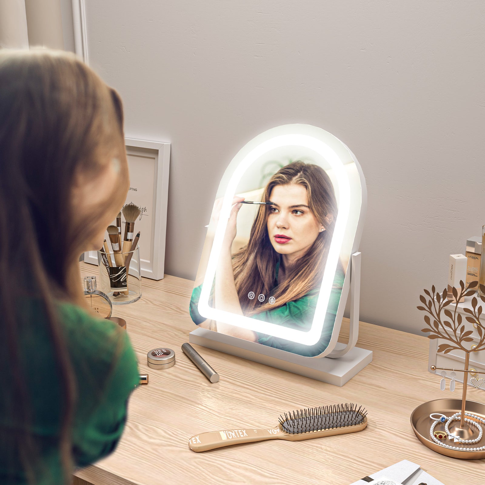 Vanity Mirror With Lights, 3 Colour, 360° Rotation | Small | White