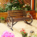 2 Seater Garden Bench W/ Wooden Cart Wagon Wheel Rustic Back | Brown