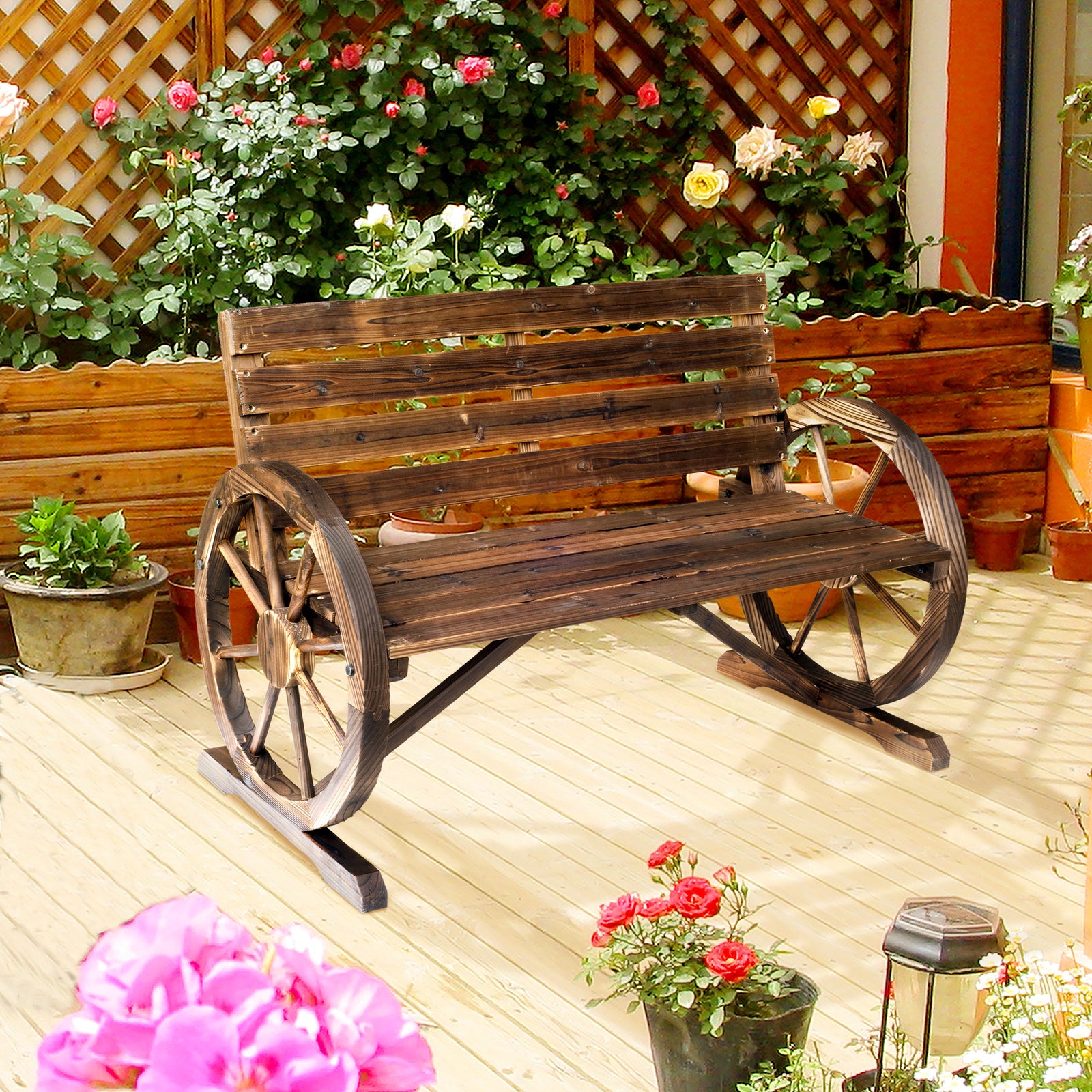 2 Seater Garden Bench W/ Wooden Cart Wagon Wheel Rustic Back | Brown