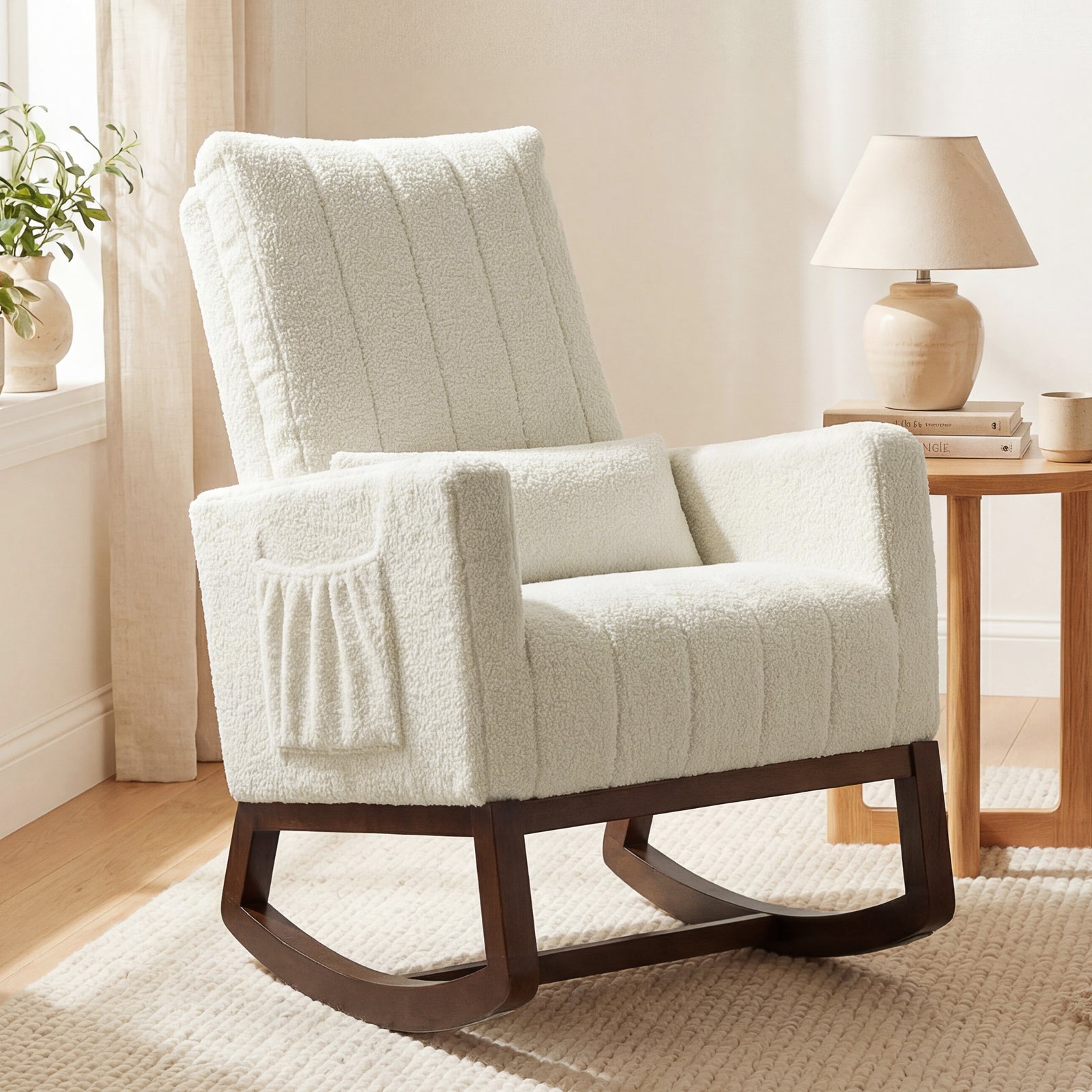 HOMCOM Rocking Chair For Adults, Lounge Rocker W/ Lumbar Pillow, Cream White