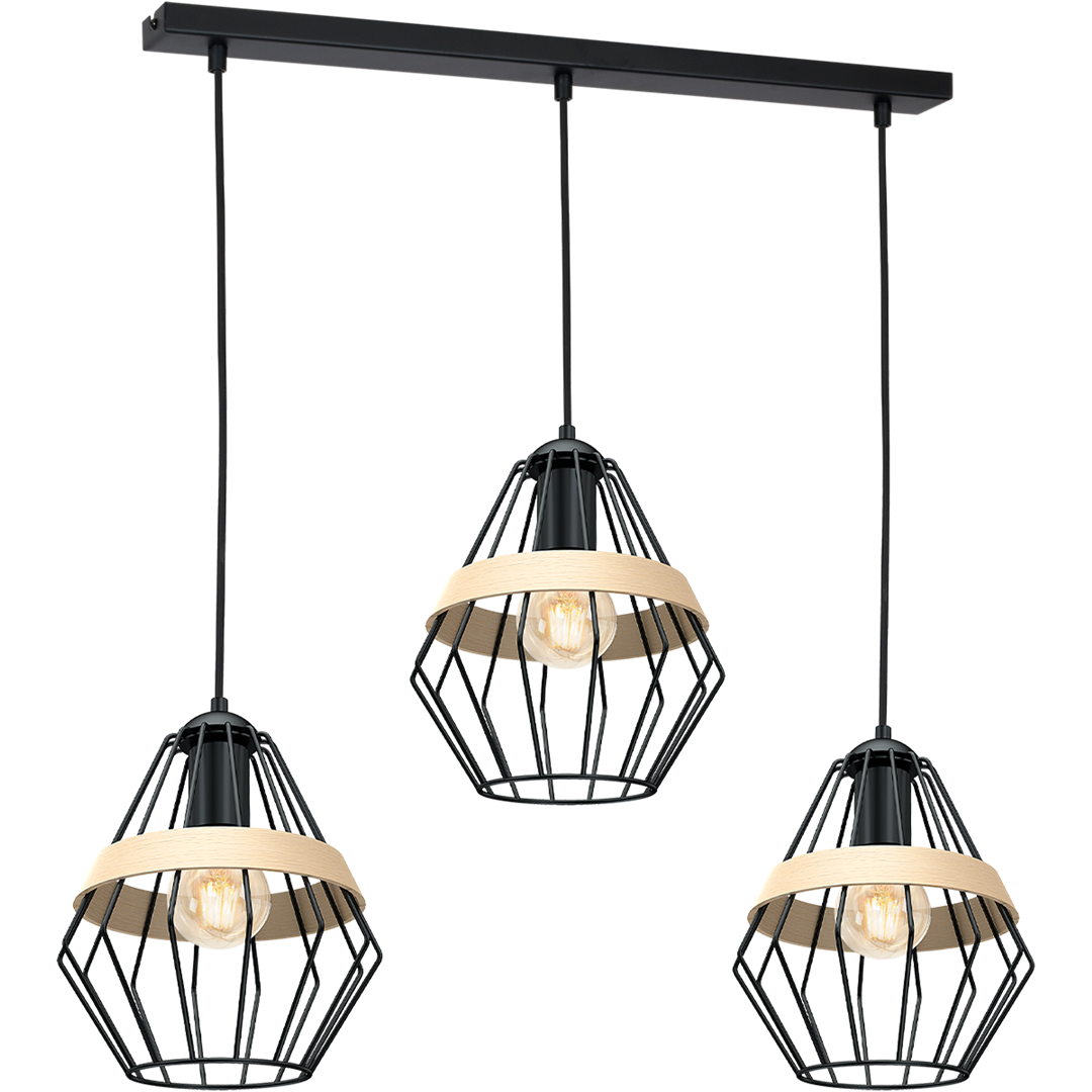 Cliff Black Pendant Lamp 3xe27 Hand Made Matt Black Cage Style Lamps With Natural Wood Detail