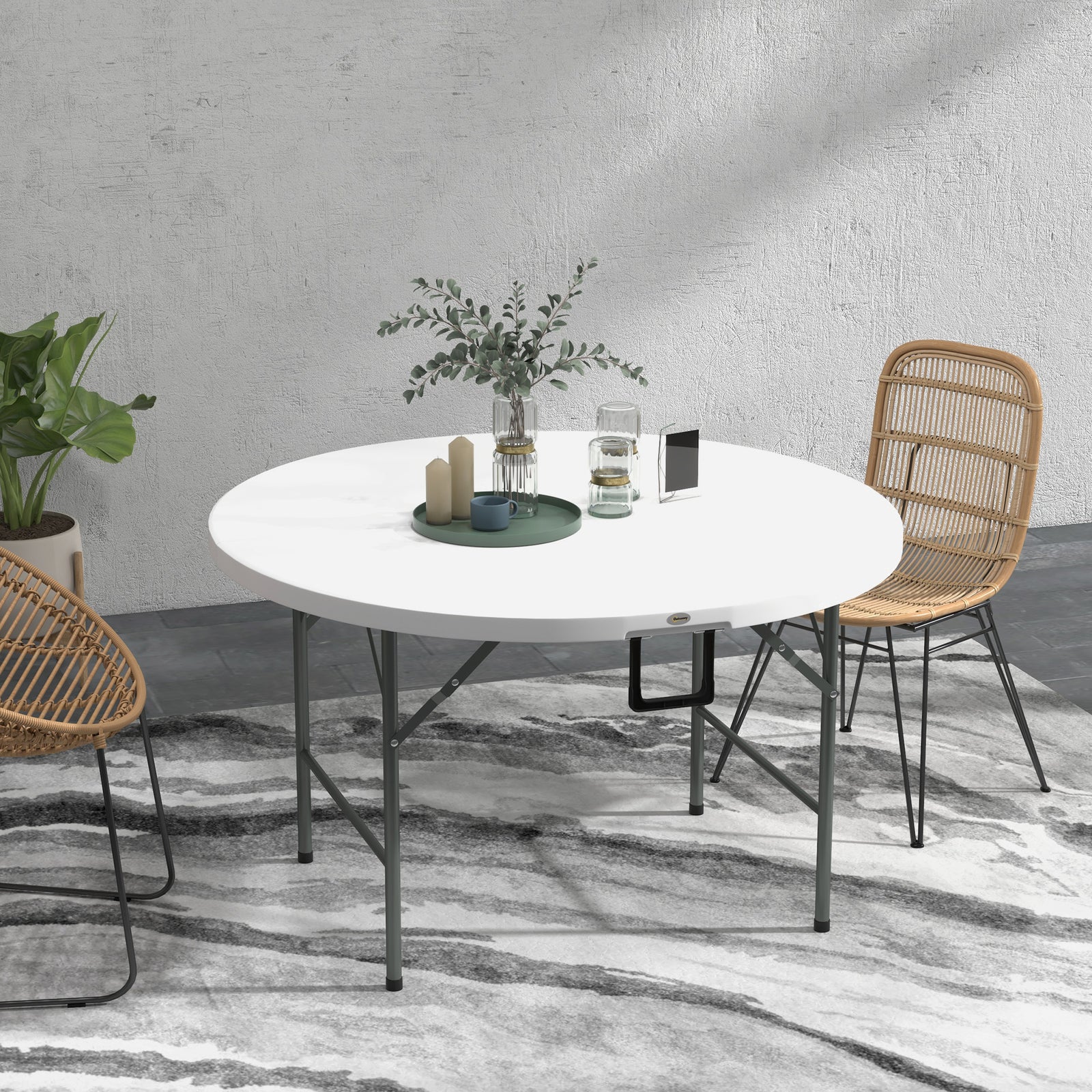 Φ122 Folding Garden Table, Hdpe Round Picnic Table, White