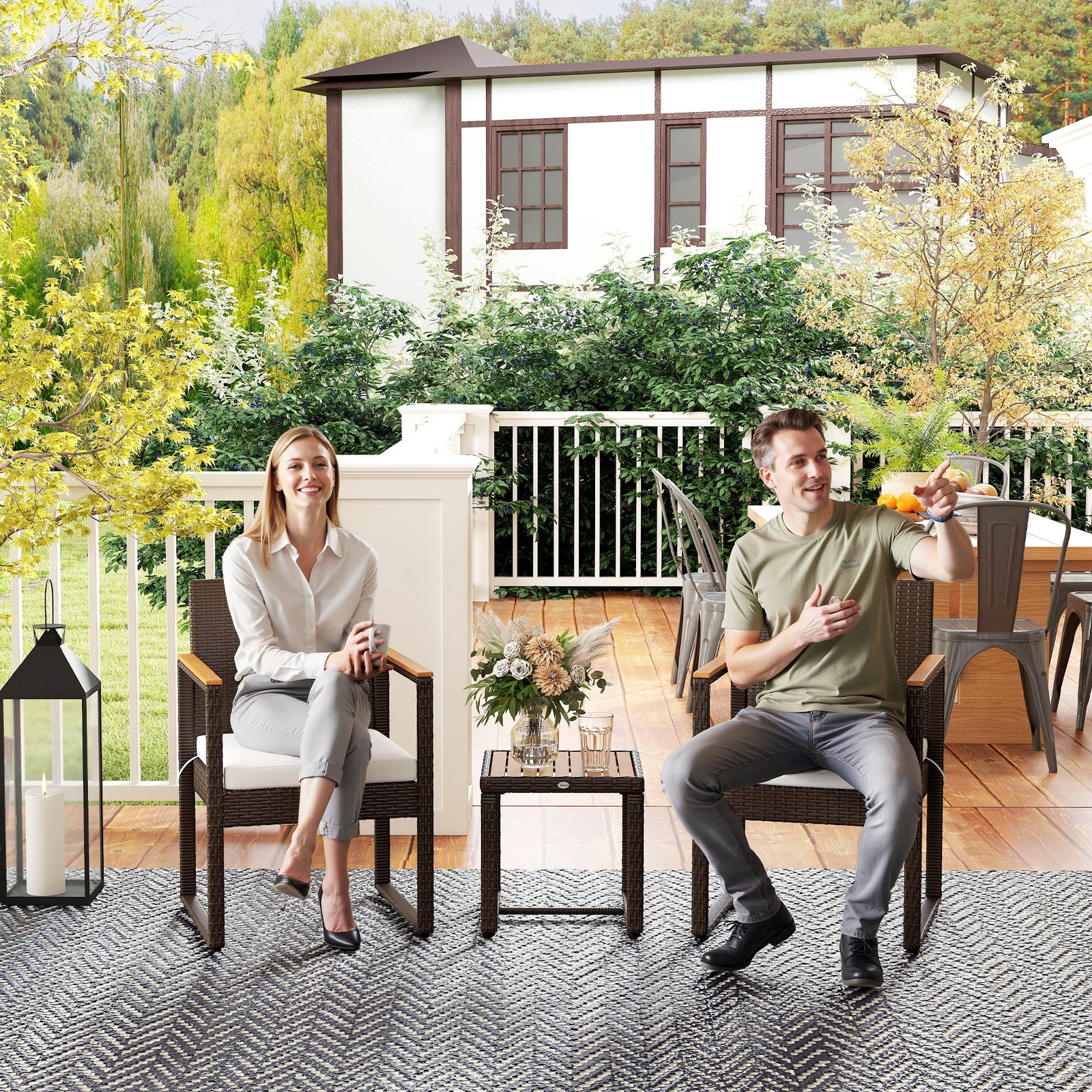 3-piece Rattan Bistro Set With Acacia Wood Table | White