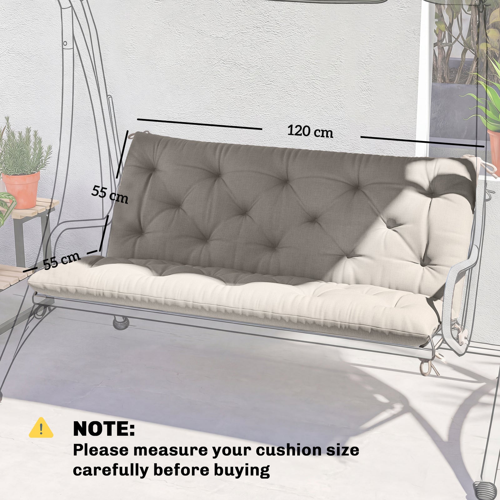 Garden Bench Cushion, Seat Pad With Ties | Grey