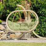 Globo Double 2 Seat/Person Wooden Hanging Egg Chair With Agora Fabric Weatherproof Cushion - Oliva