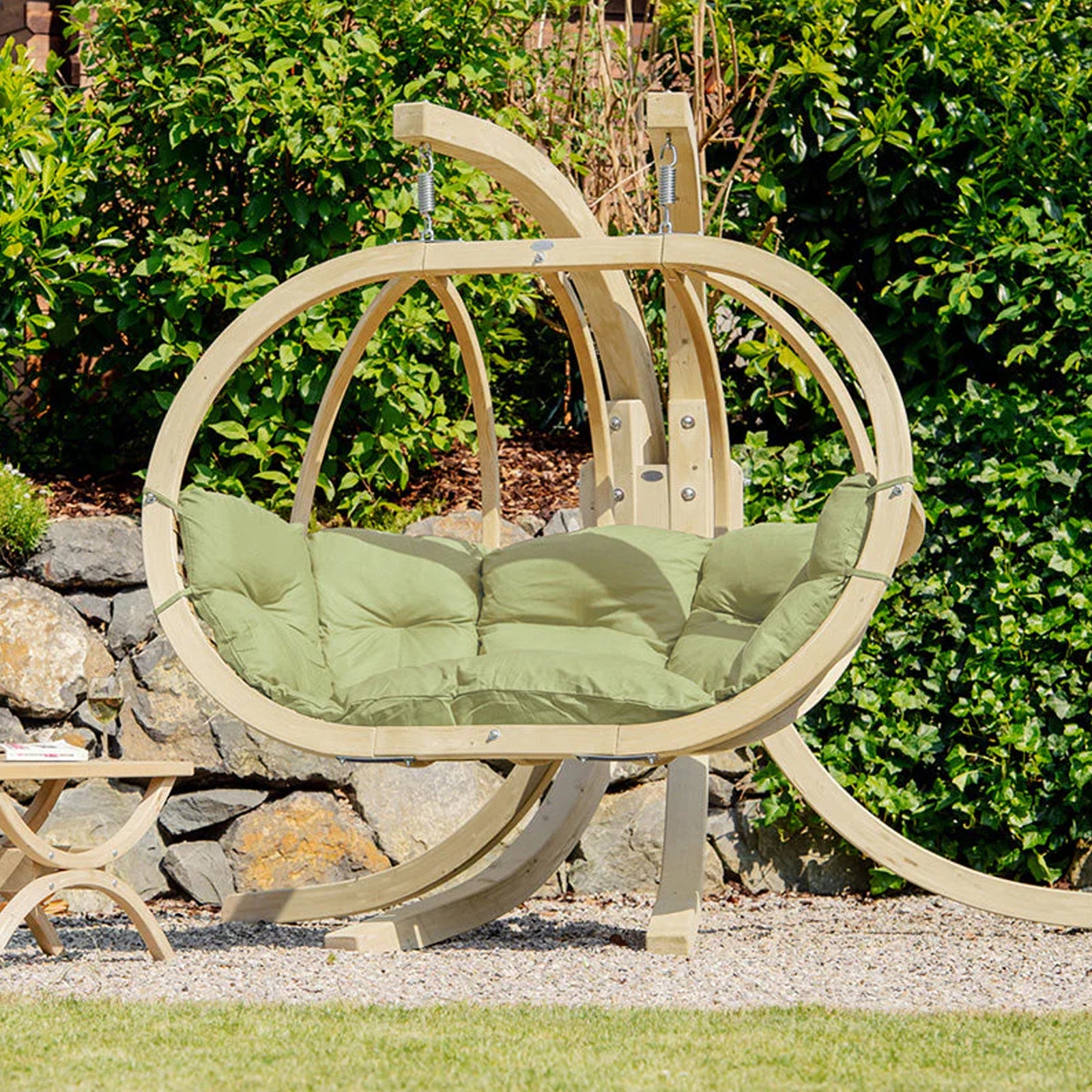 Globo Double 2 Seat/Person Wooden Hanging Egg Chair With Agora Fabric Weatherproof Cushion - Oliva