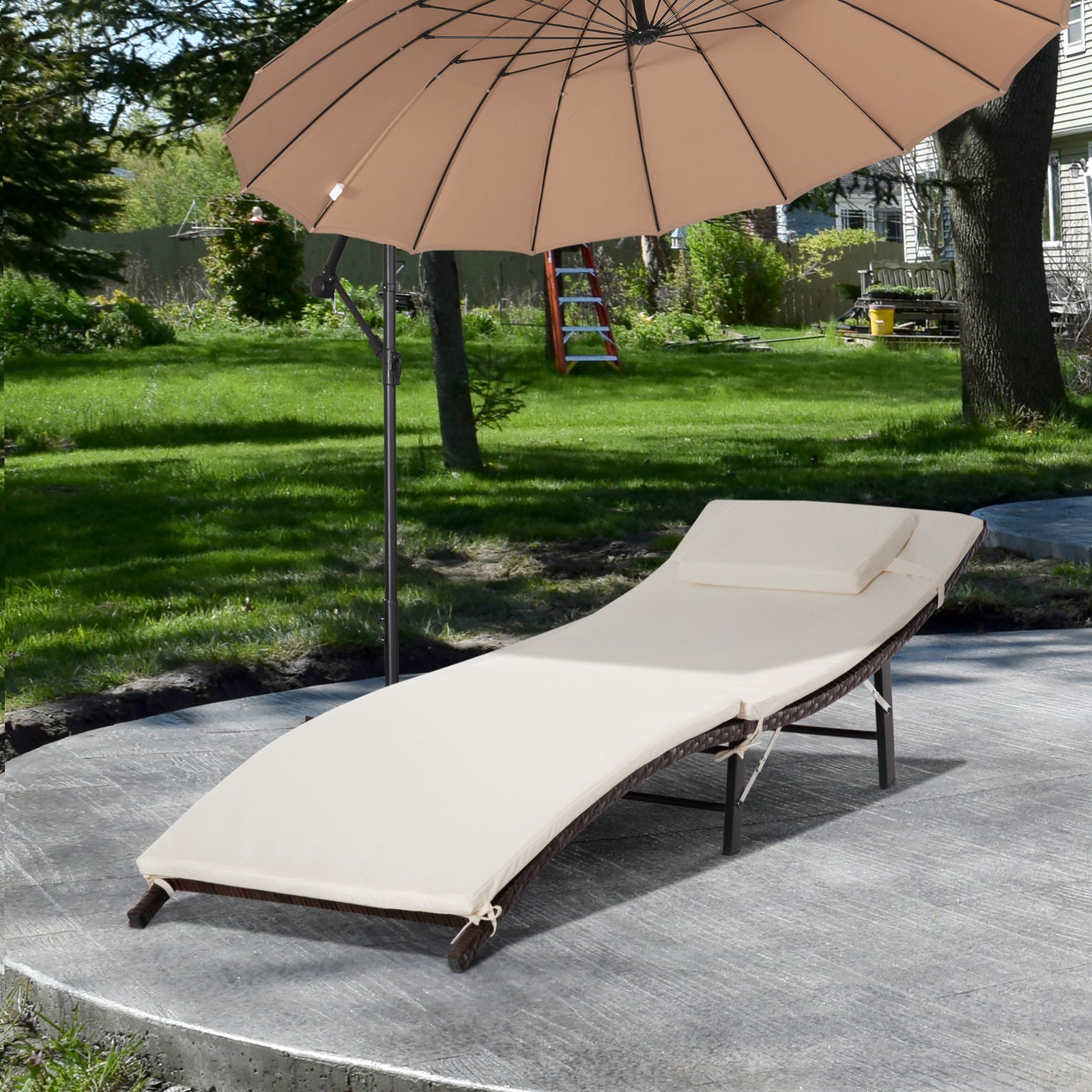 Folding Rattan Sun Lounger W/ Cushion | Cream