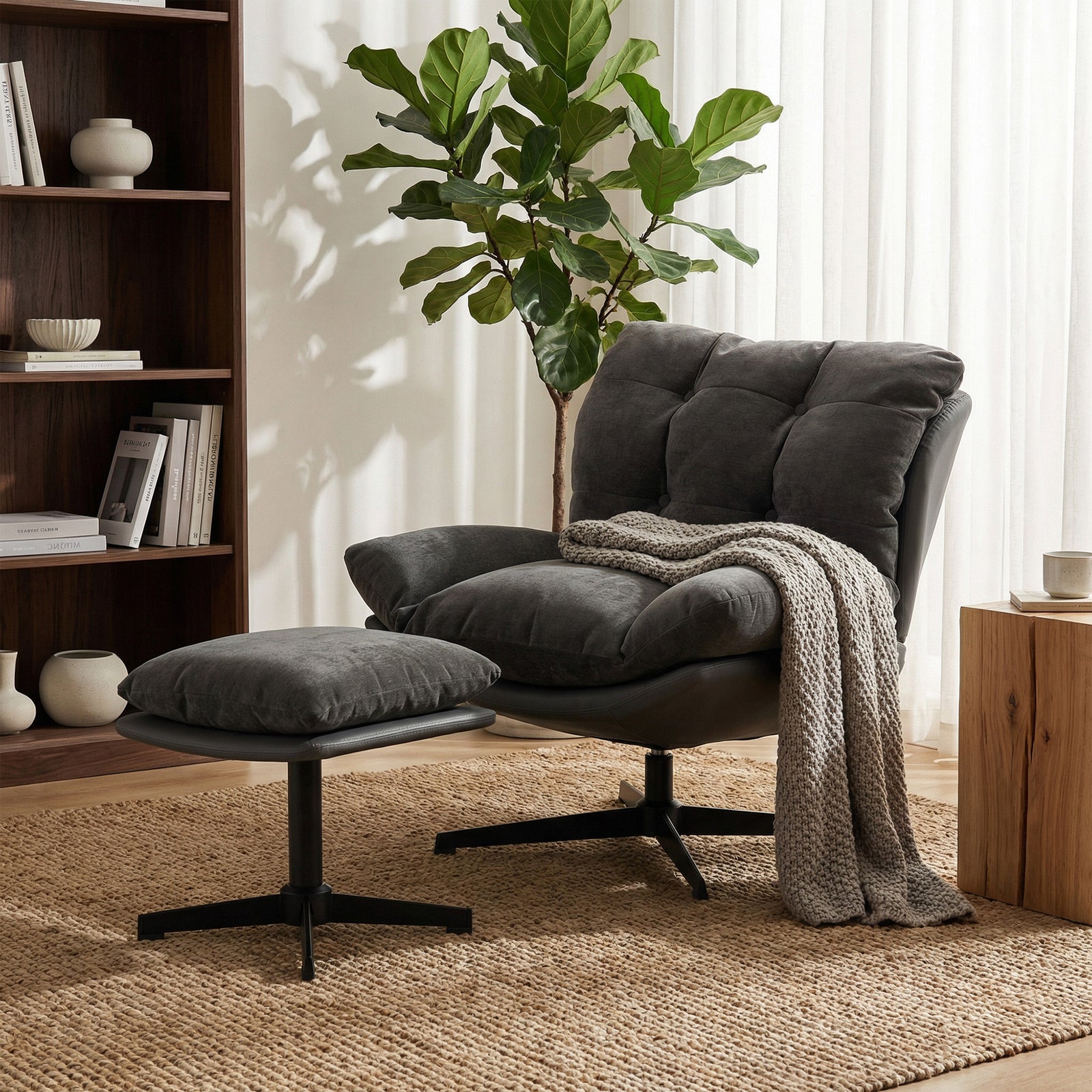 HOMCOM Accent Chair With Footstool, Modern Swivel Lounge Chair