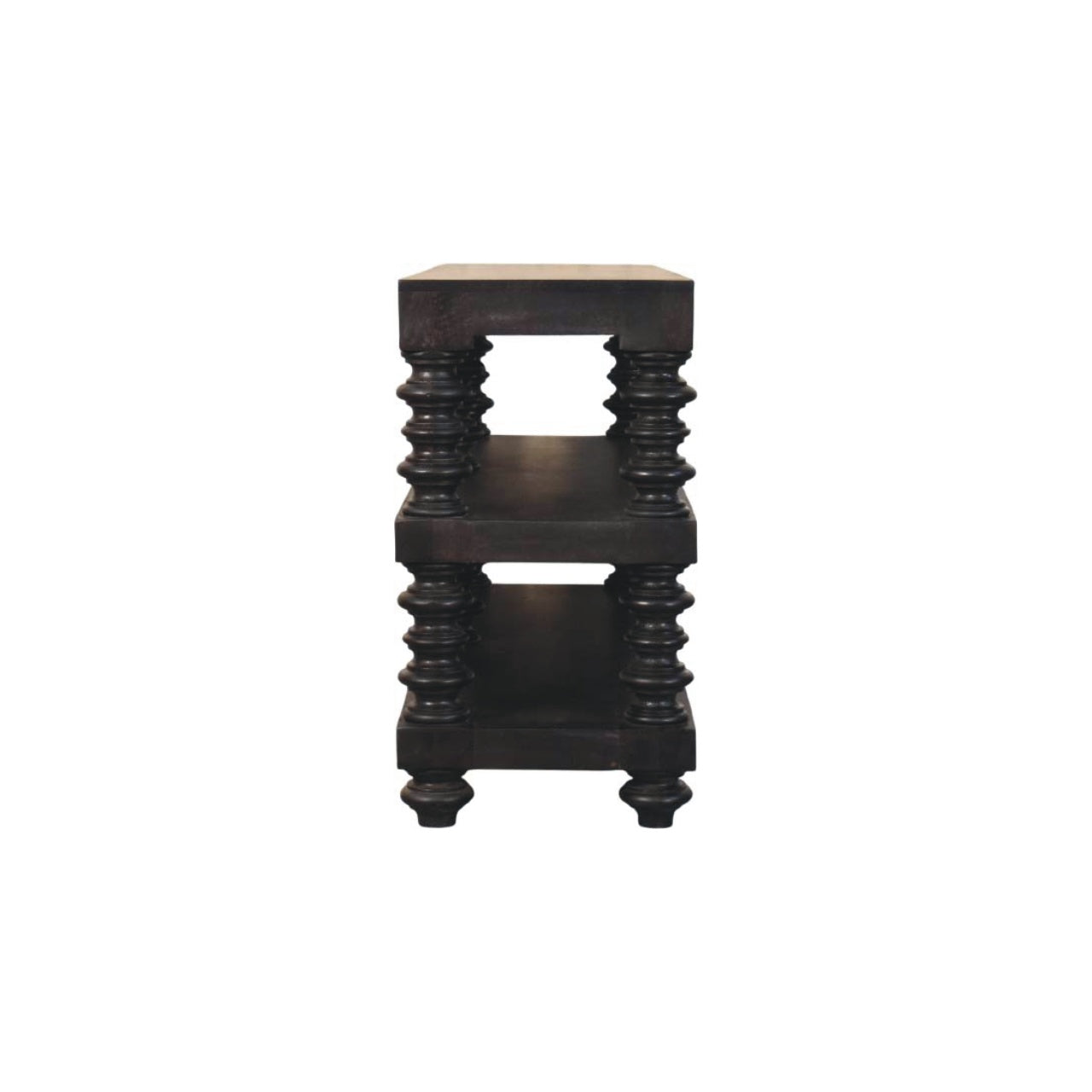 Spindle Shelf Console In Carbon Ash, 2 Open Shelf, Black Brown