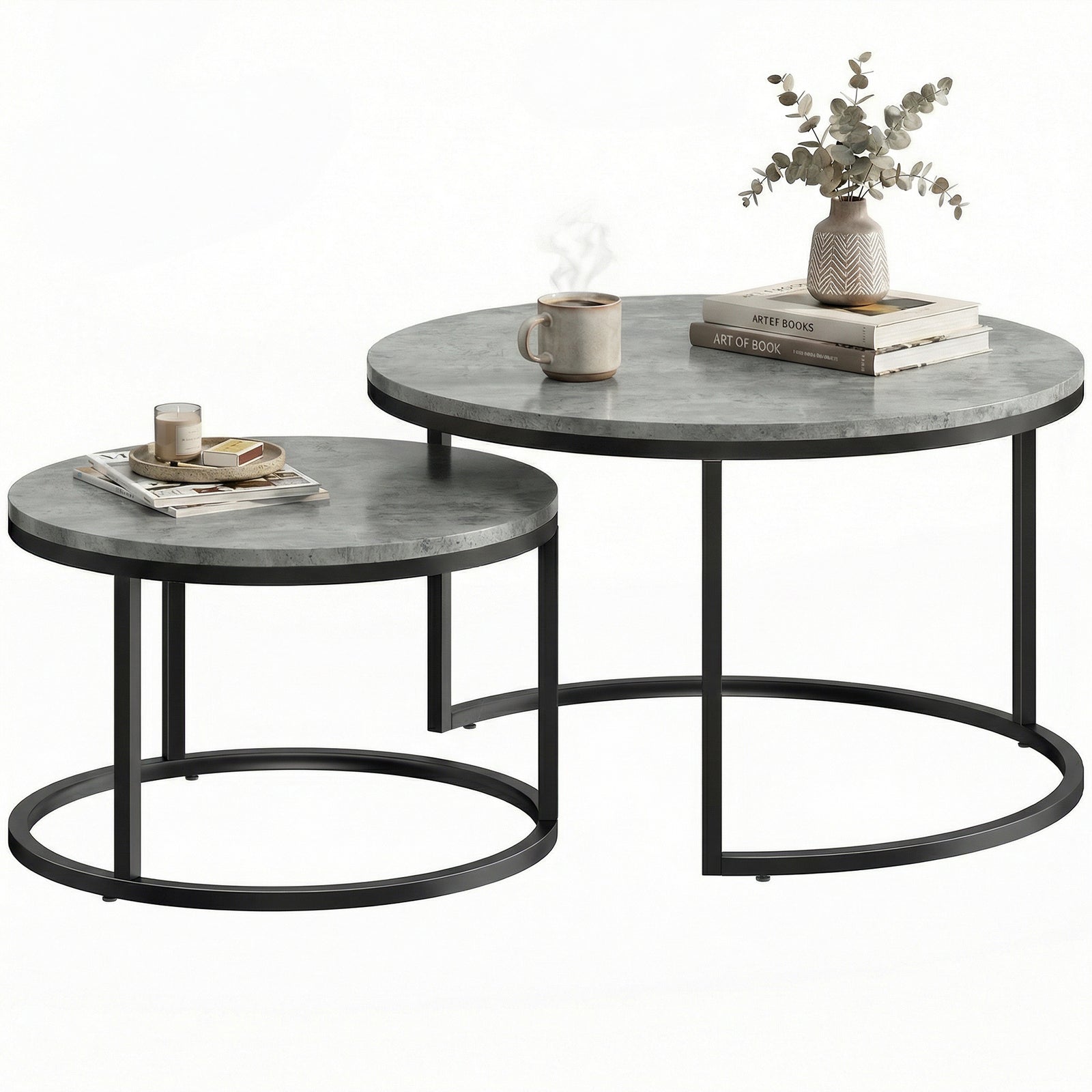 2 Pcs Stacking Coffee Table Set Steel Frame | Grey