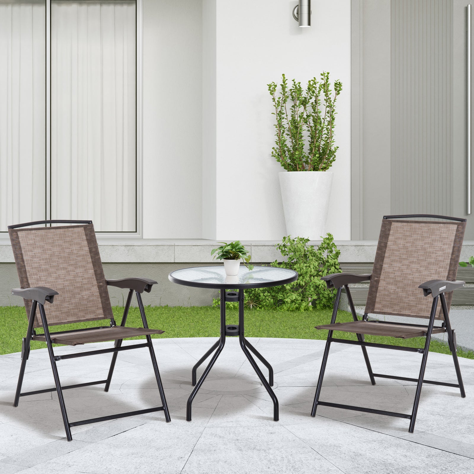 Patio Bistro Set Folding Chairs Garden Coffee Table Balcony | Brown