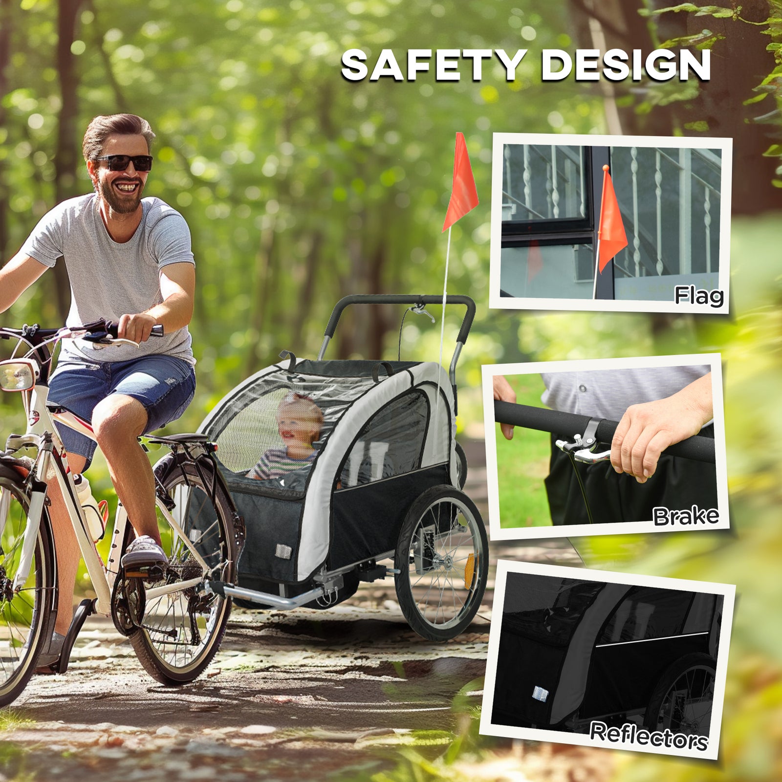 2 Seat Bike Trailer With 5 Point Harness, Safety Flag, Reflectors | Black