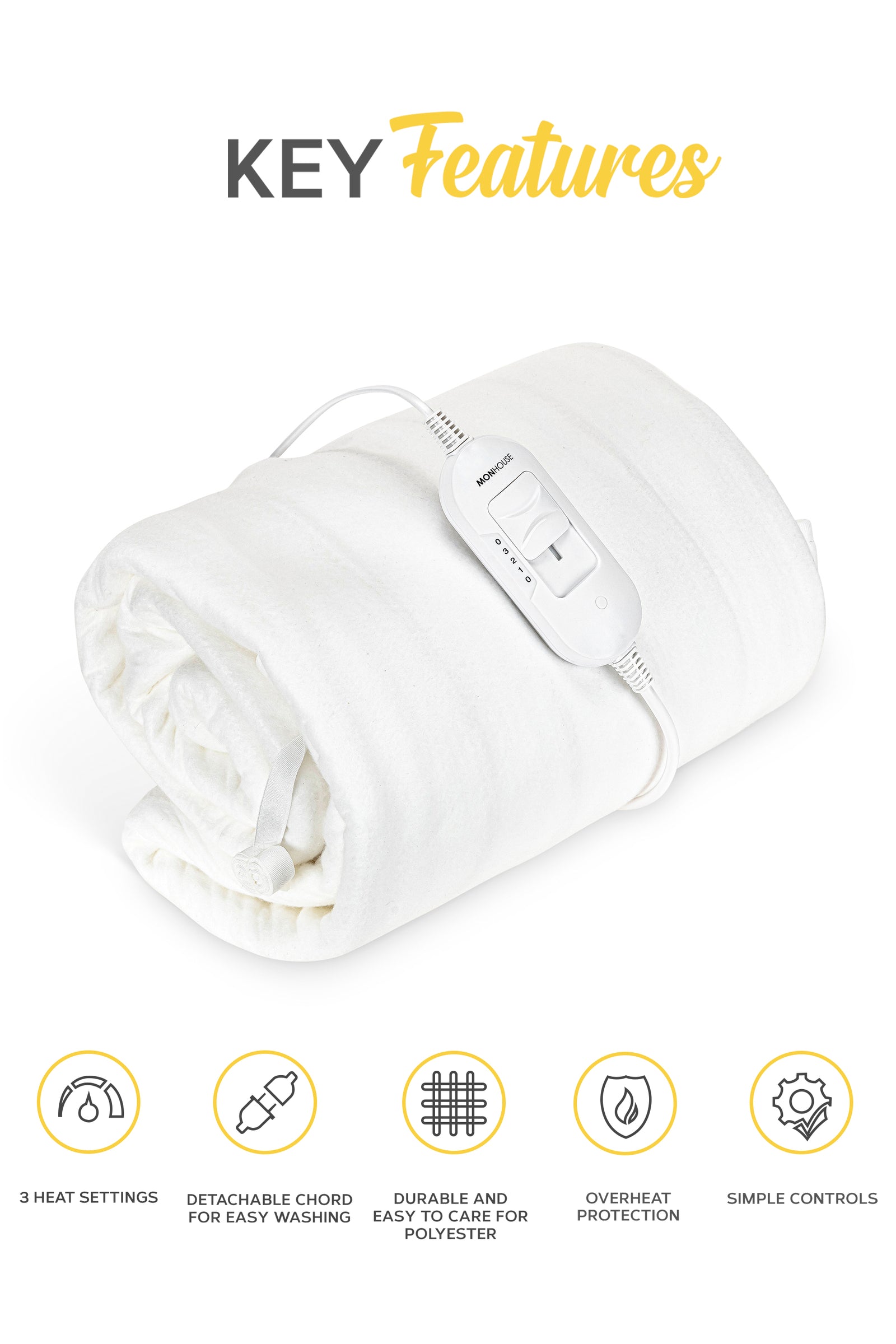 Heated Electric Under Blanket Mattress Topper 3 Heat Settings | King | White