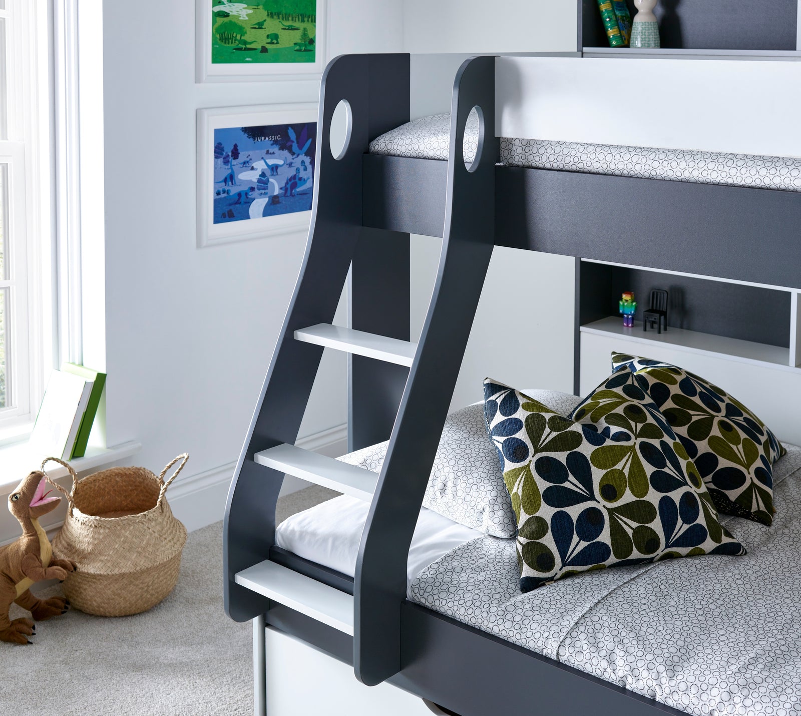 Oliver Triple Sleeper Storage Bunk Bed With Drawer With Memory Foam Mattresses | Small Double | Grey & White