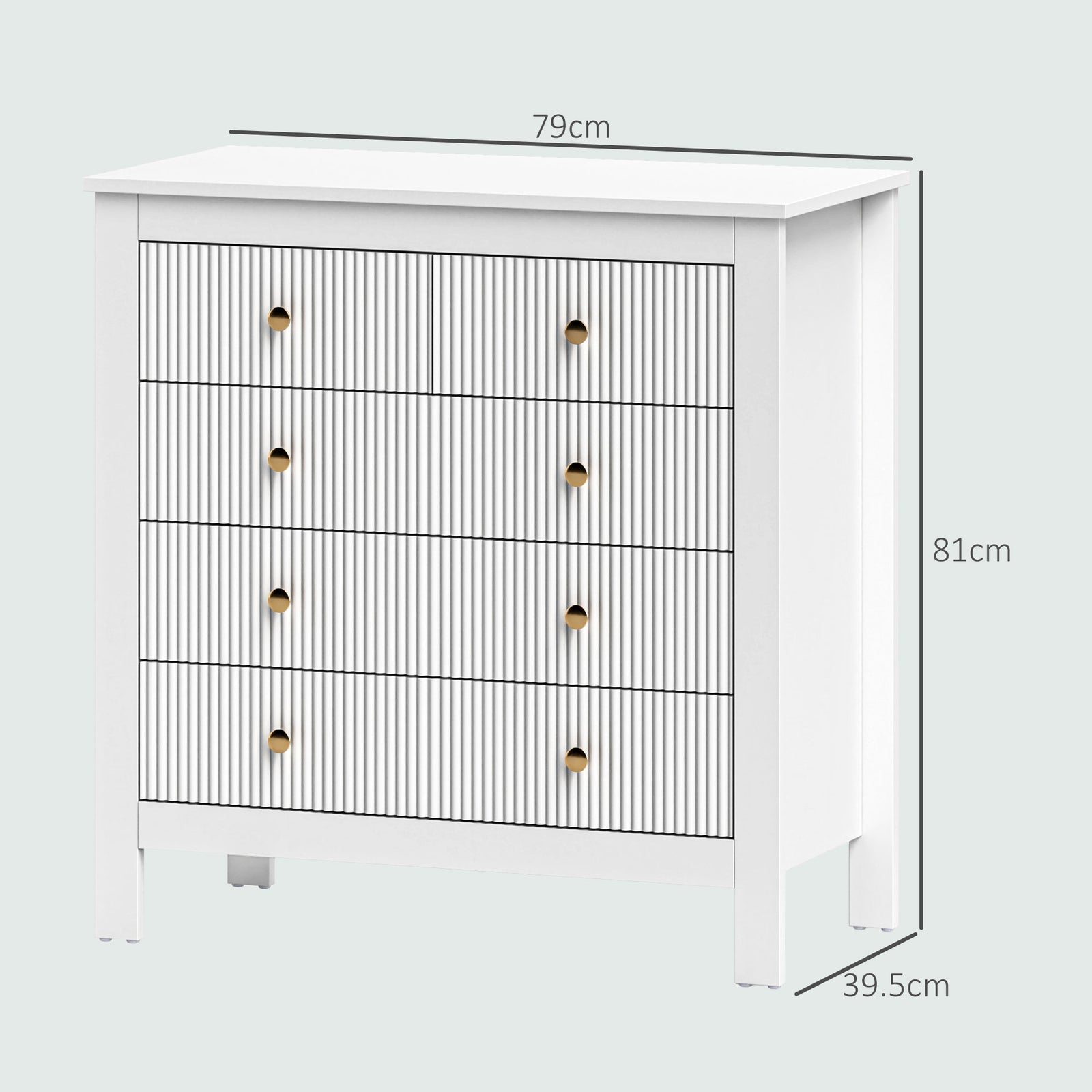 Fluted Bedroom Chest Of Drawers W/ 5 Drawers Gold Tone | One Size | White