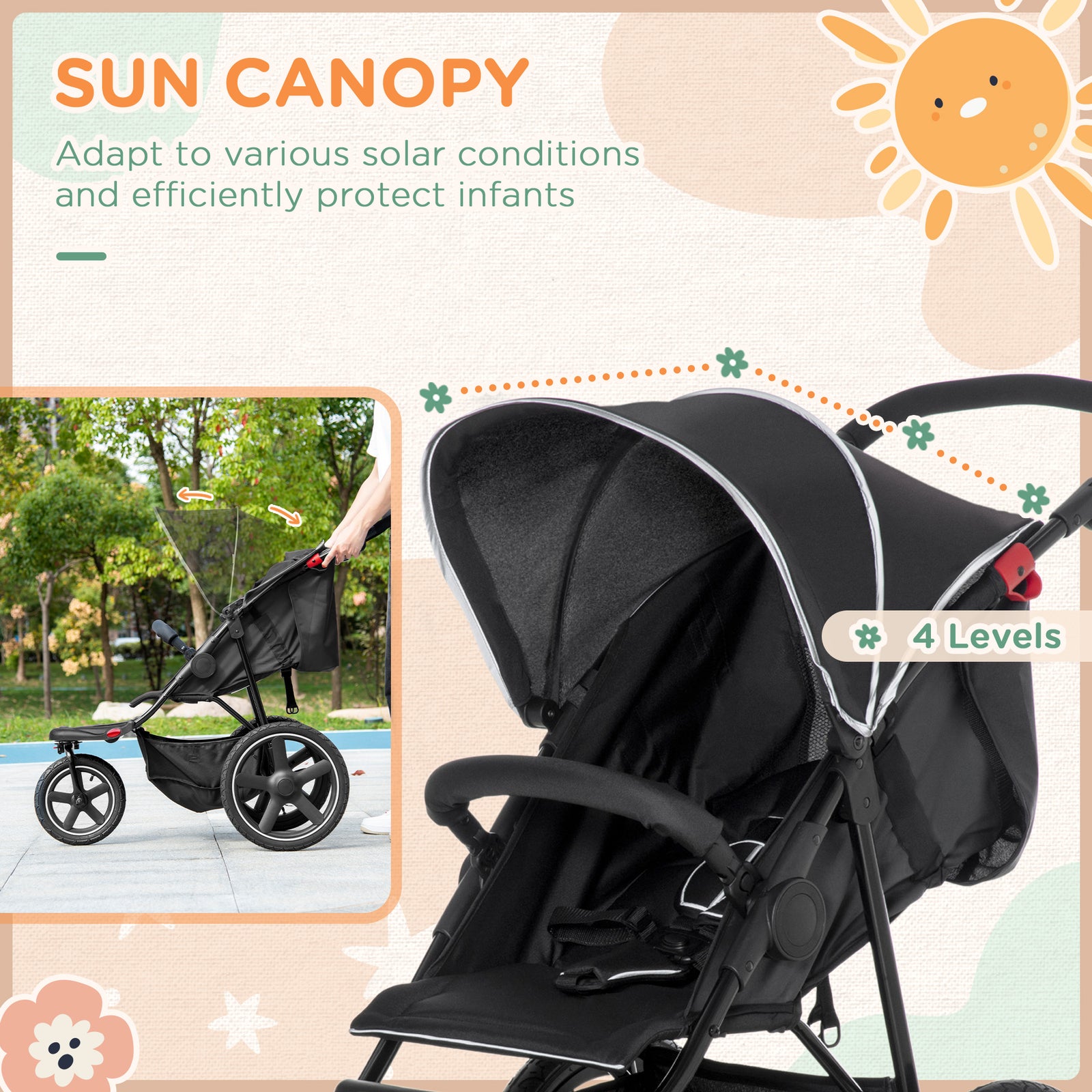 Foldable Three-wheeler Baby Stroller W/ Sun Canopy, Storage | Black