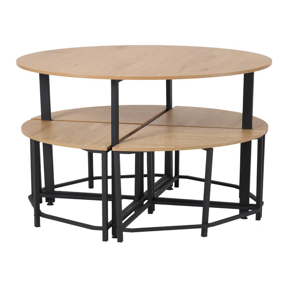 5-piece Round Dining Table Set With 4 Nesting Stools, Wood Grain Top & Black Metal Frame