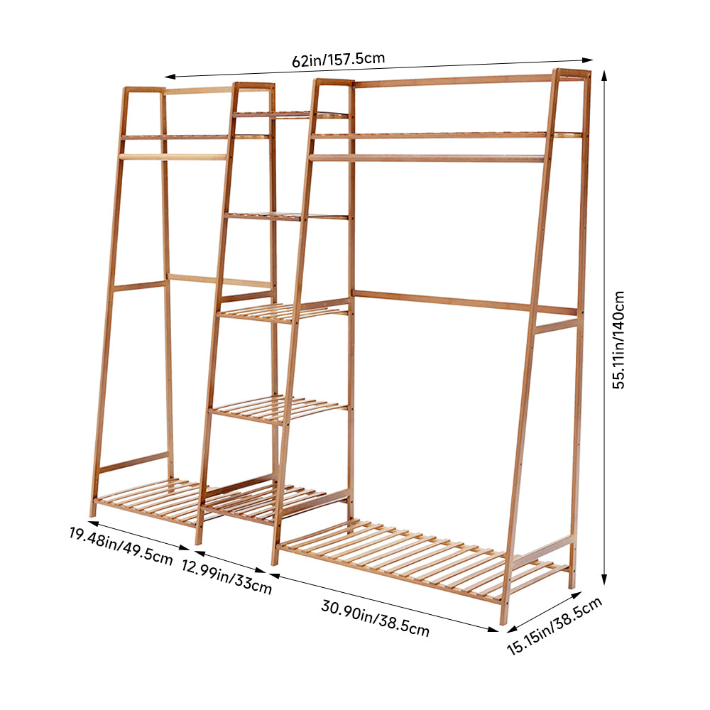 Trapezoid Bamboo Garment Rack With Tiered Storage Shelves | Natural