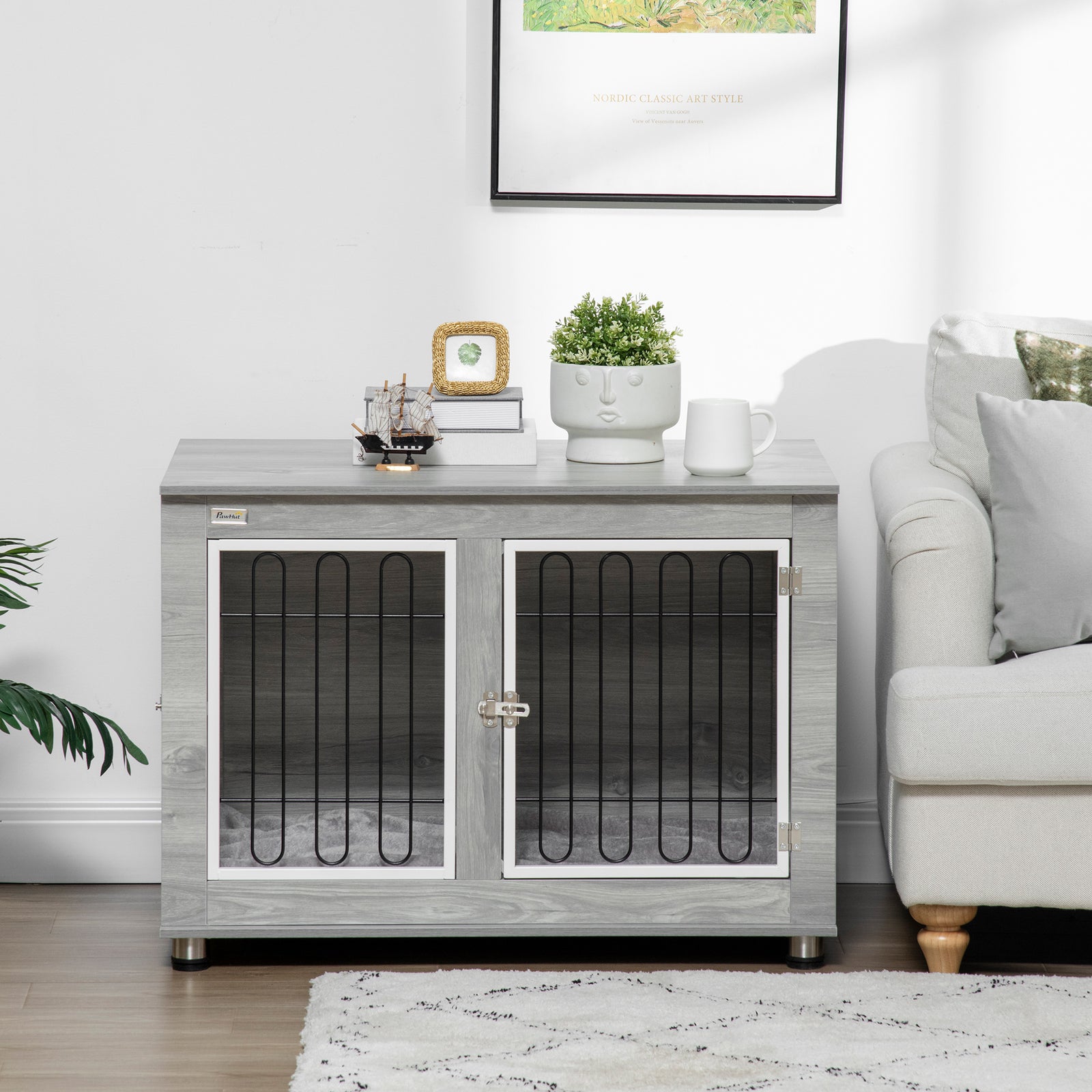 Dog Crate Table W/ Cushion, Double Door - Grey | Gray