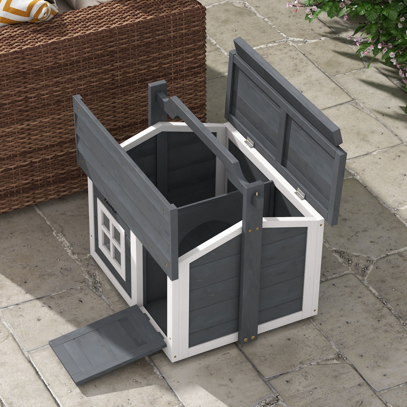 Rabbit Hutch Indoor Outdoor W/ Top Handle, Openable Roof 
Grey