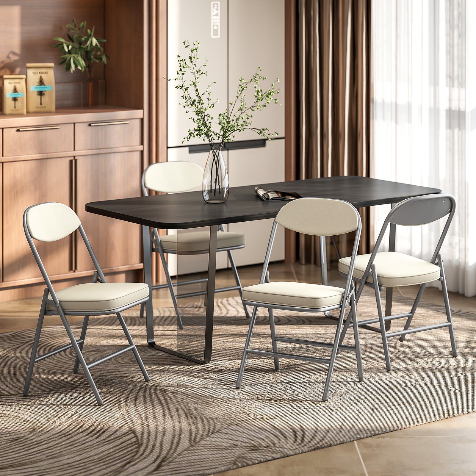 Folding Chairs Set Of 4 With Cushioned Seat, Steel Frame, Cream | Cream