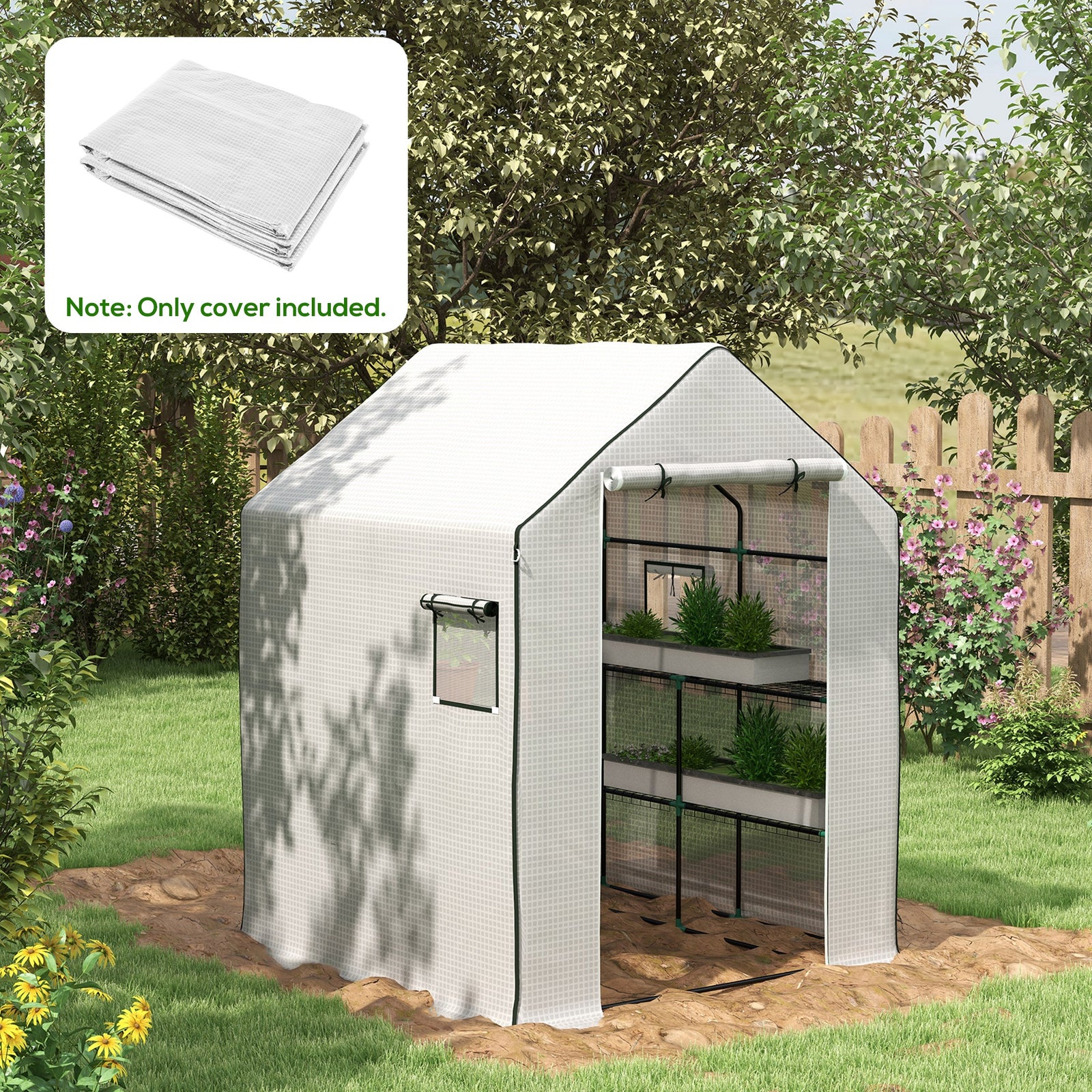 Reinforced Pe Greenhouse Cover W/ Door & Windows | White