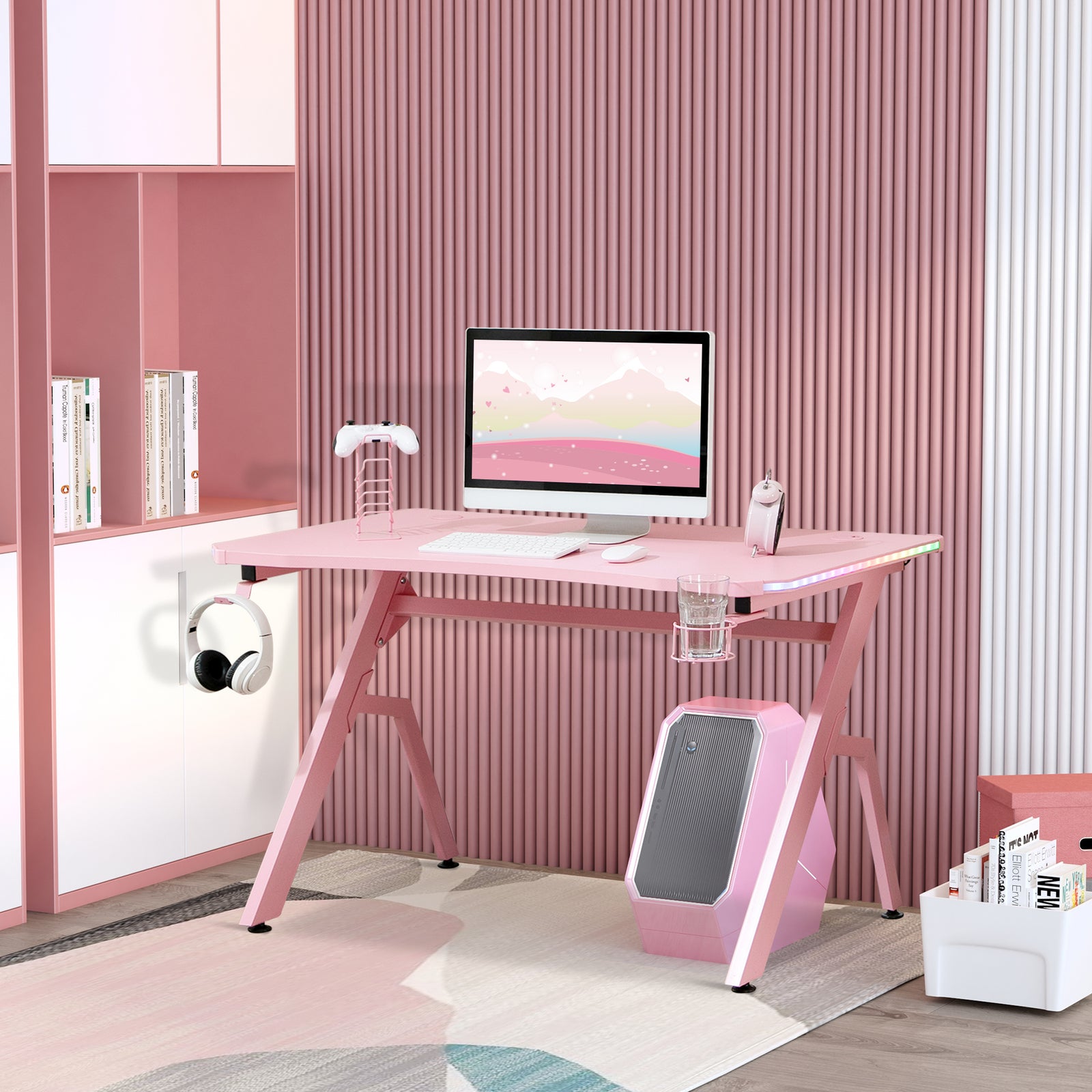 Ergonomic Gaming Desk With Hook Cup Holder Led | Pink