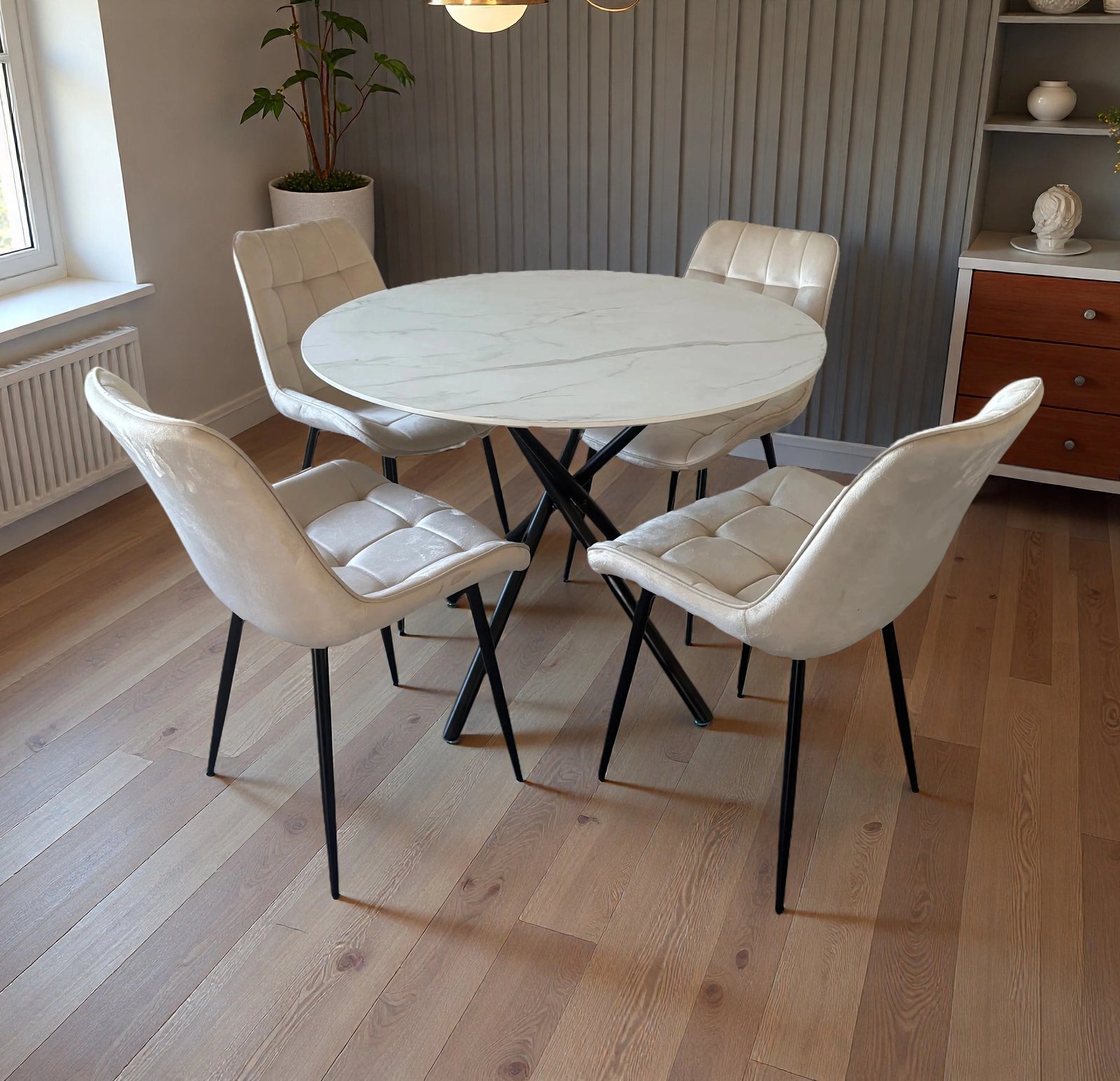 Seattle Dining Table With 4 Erica Velvet Chairs | Cream