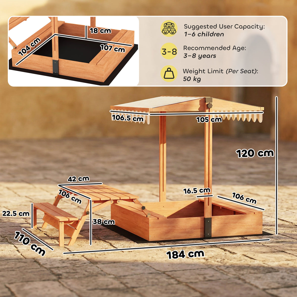 AIYAPLAY Kids Sand Pit With Lid, Wooden Sandpit With Foldable Picnic Table