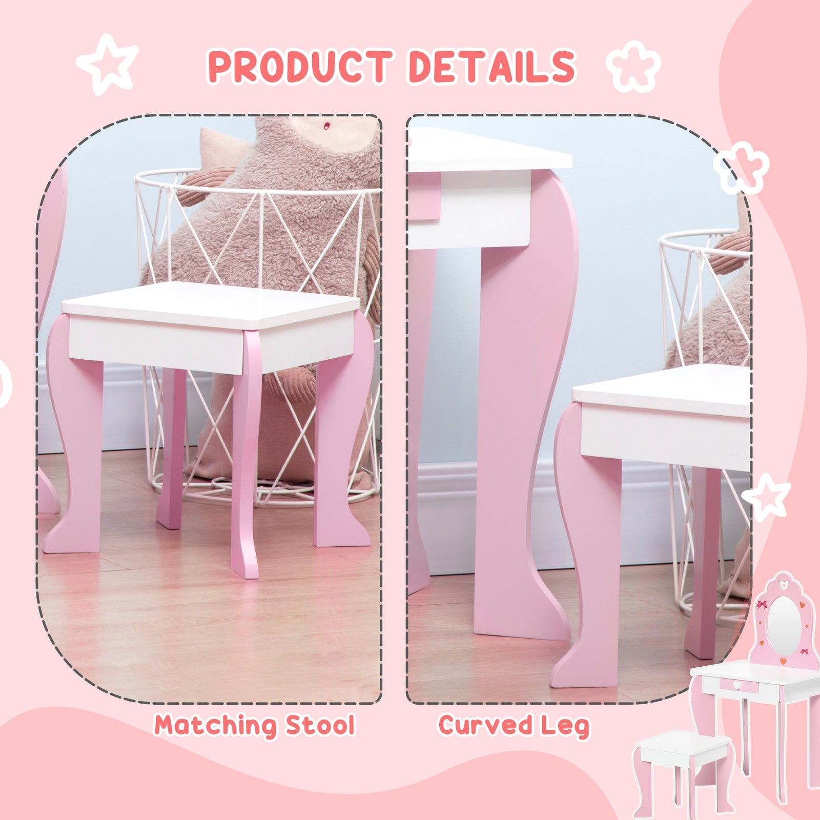 Kids Dressing Table With Mirror, Stool, Drawer, Cute Patterns - Pink | Pink