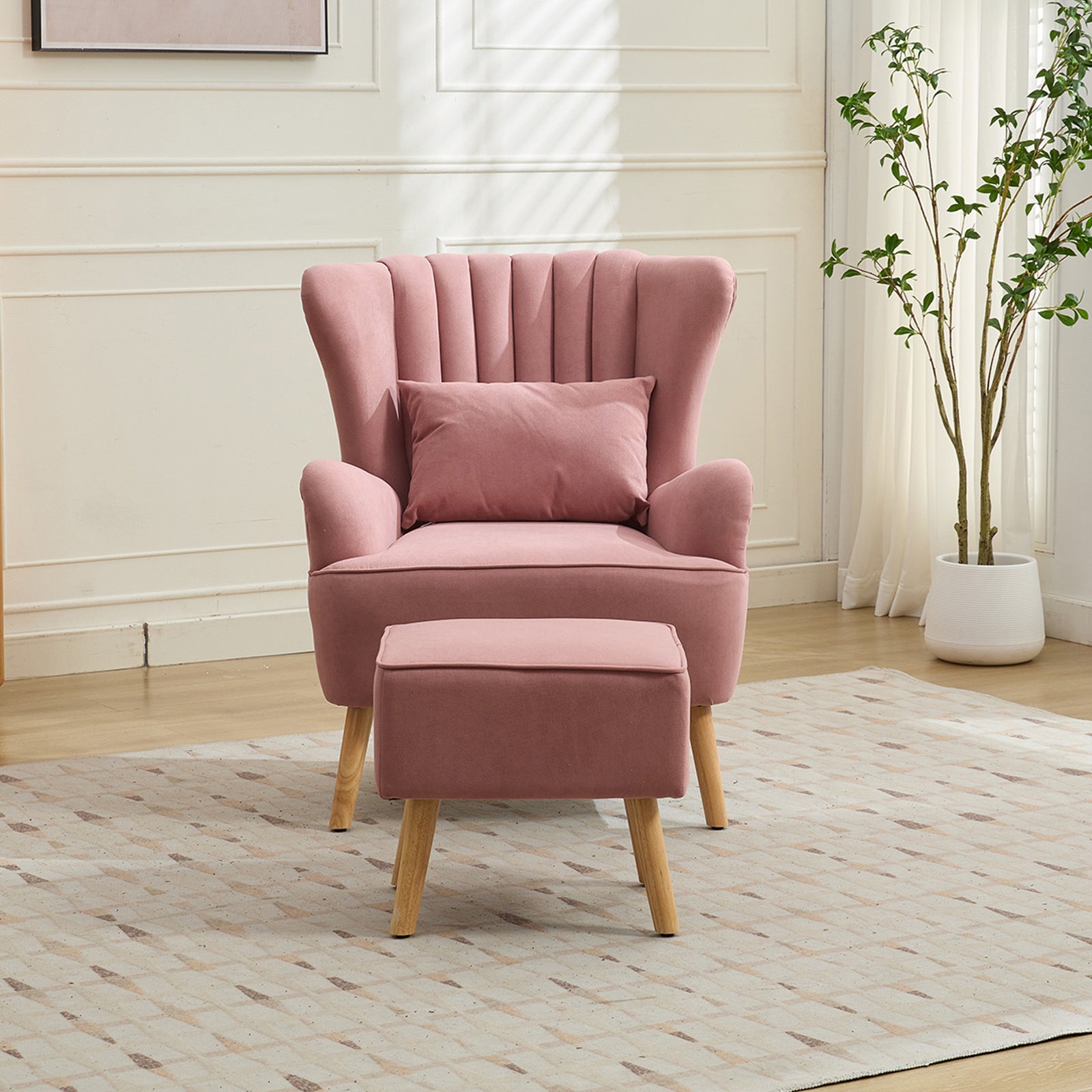 Modern Wingback Accent Chair Armchair With Footstool And Lumbar Pillow | Pink