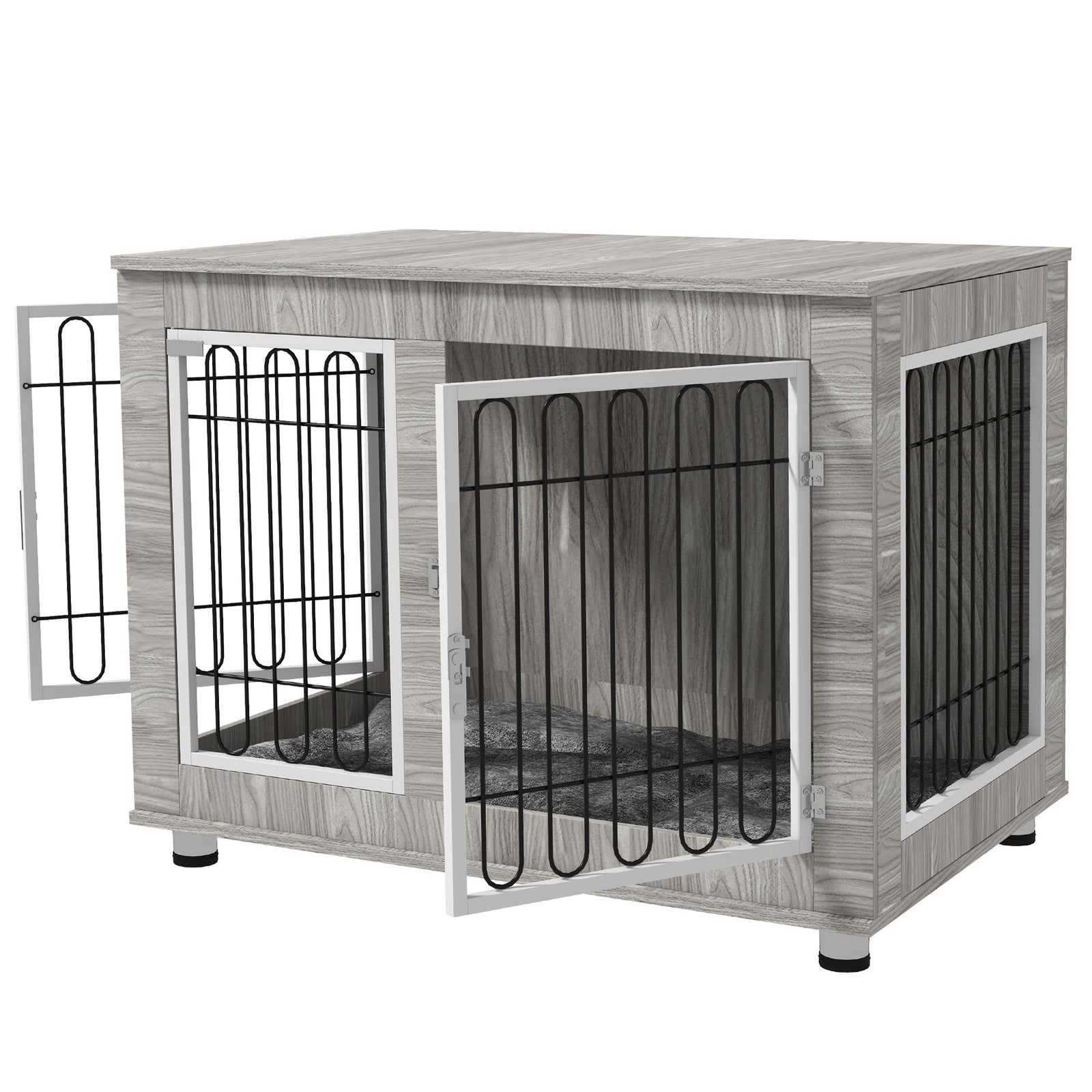 Dog Crate Table W/ Cushion, Double Door - Grey